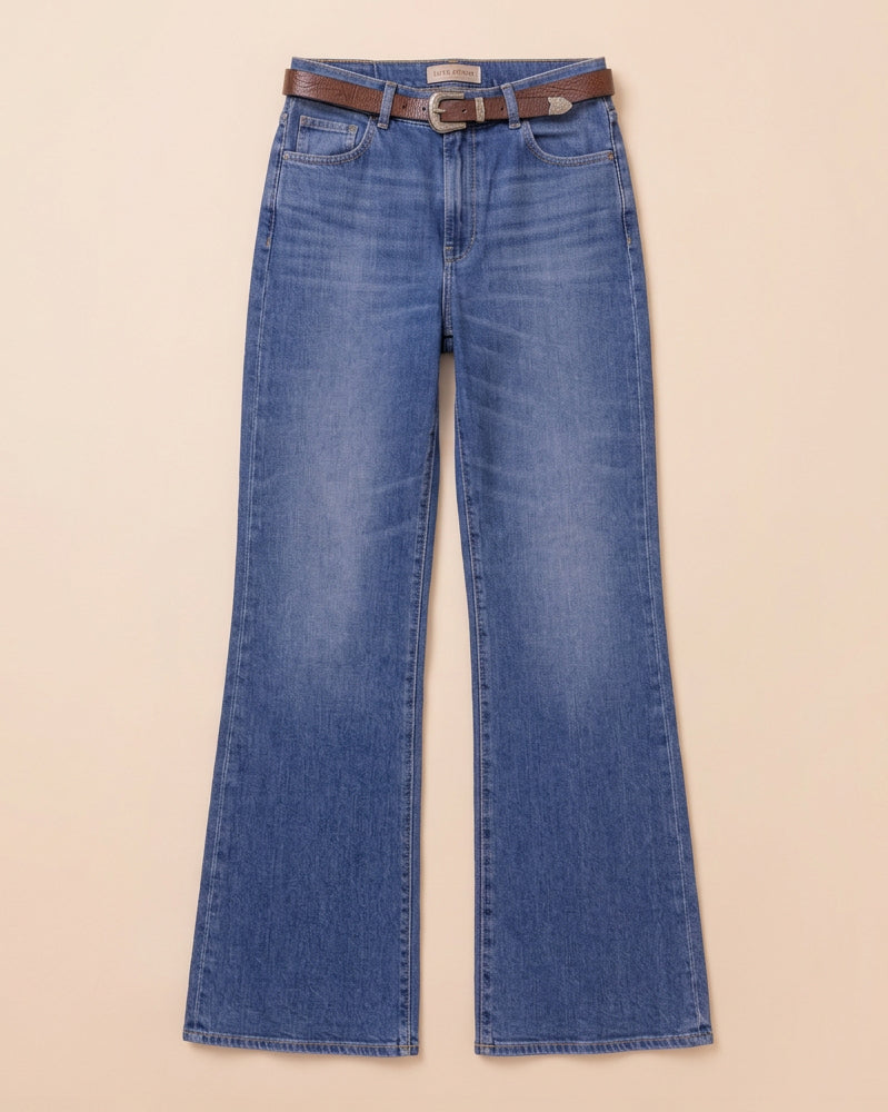 HYDE Martina Wide-Leg Denim in True Denim Blue, women's Italian cotton jeans, front view showing the high-rise waist and wide-leg silhouette.