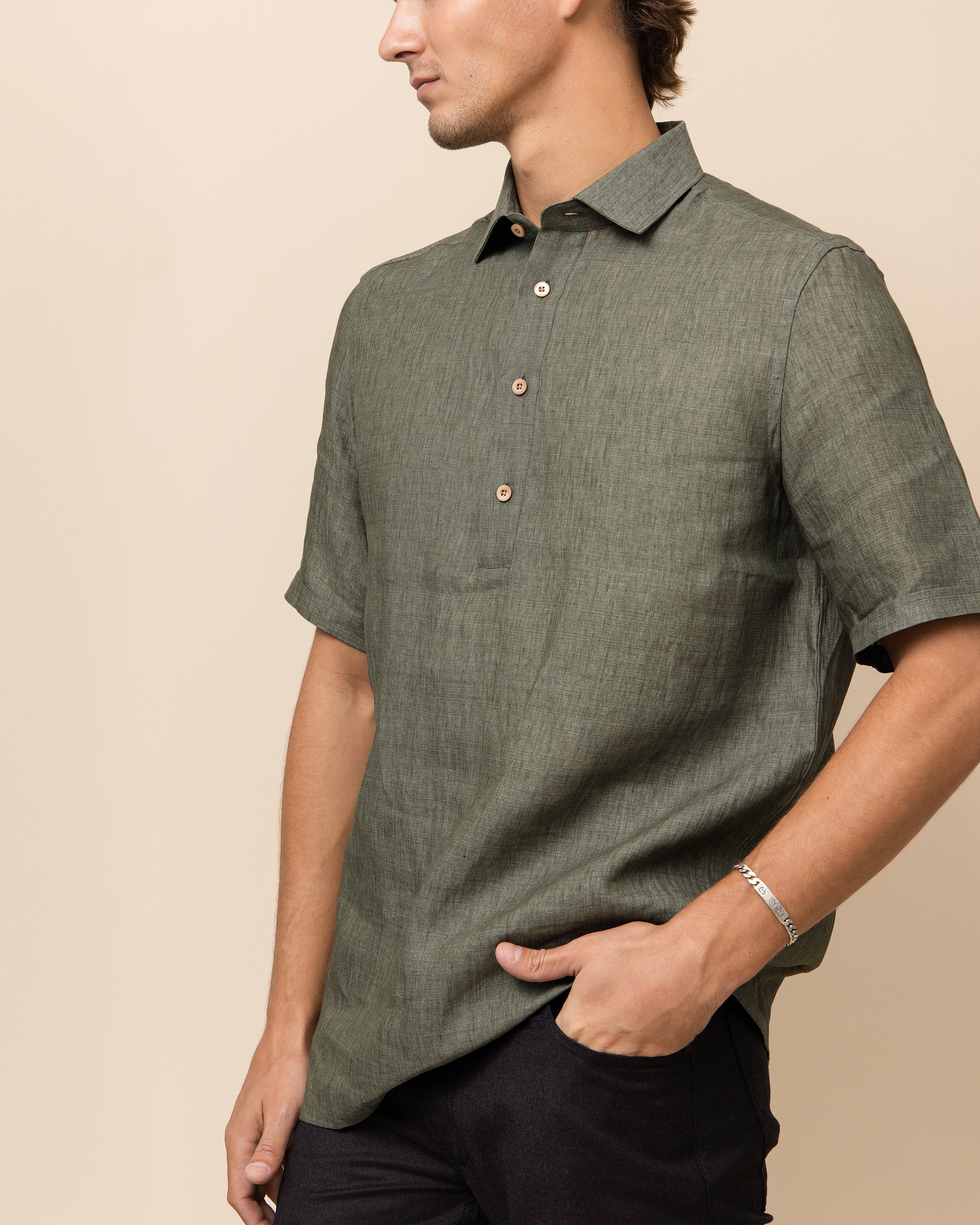 Olive HYDE Matera linen shirt — 100% Italian linen with natural slub texture and an elegant relaxed drape