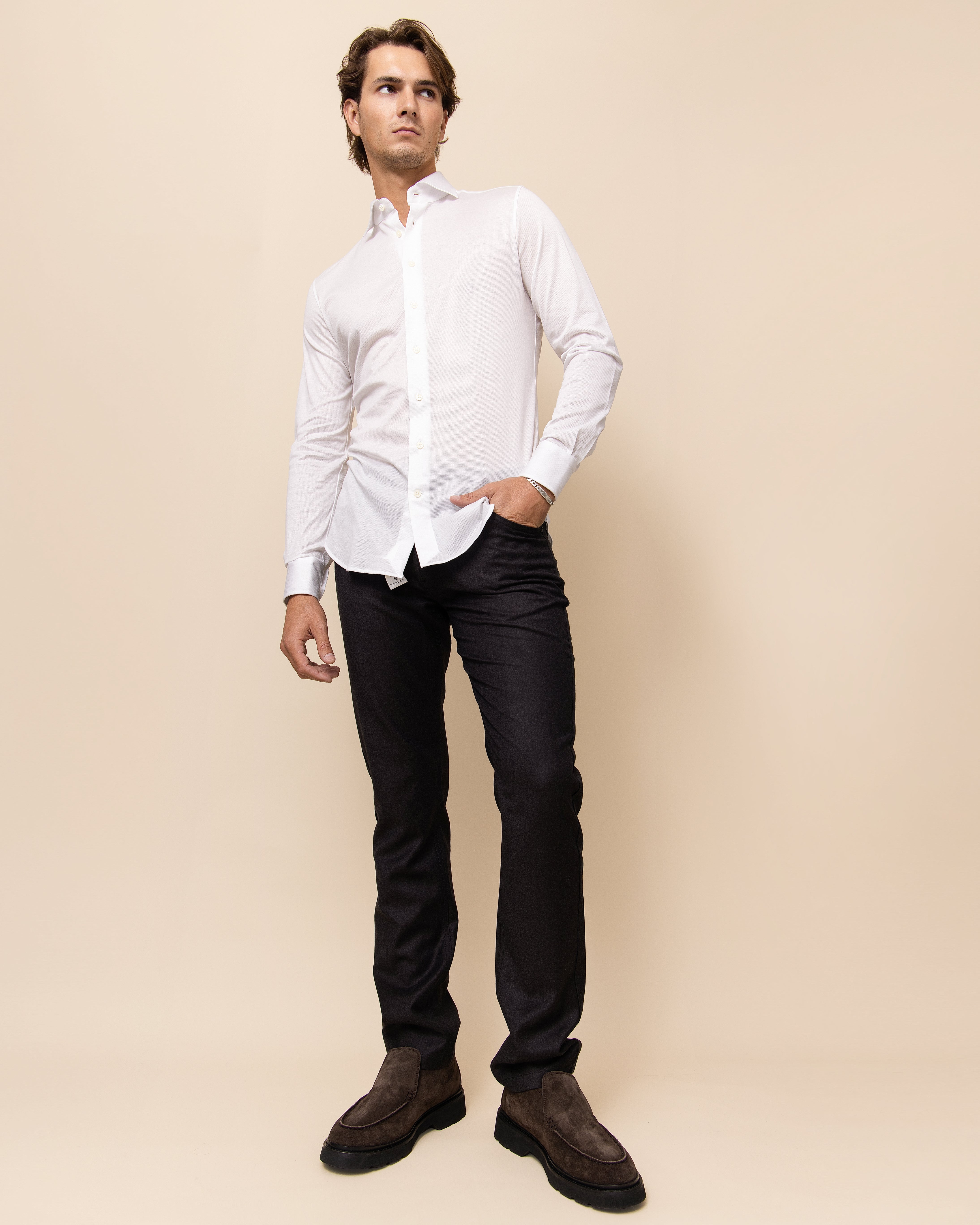 White HYDE Orvieto knit shirt — refined micro-textured Italian cotton knit with soft hand feel and fluid drape