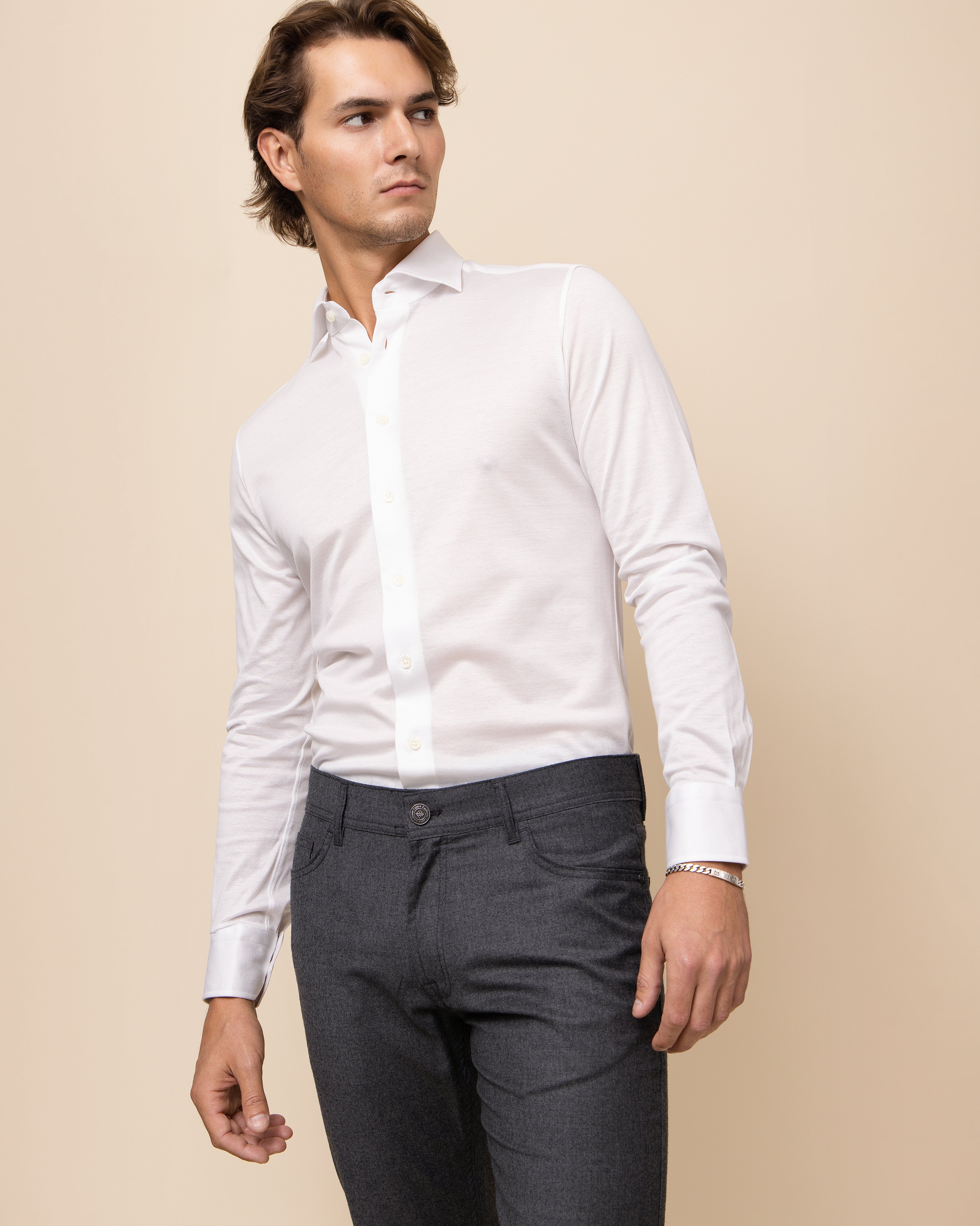 HYDE Orvieto Knit Shirt in White — modern spread collar detail on 100% Italian cotton knit shirting