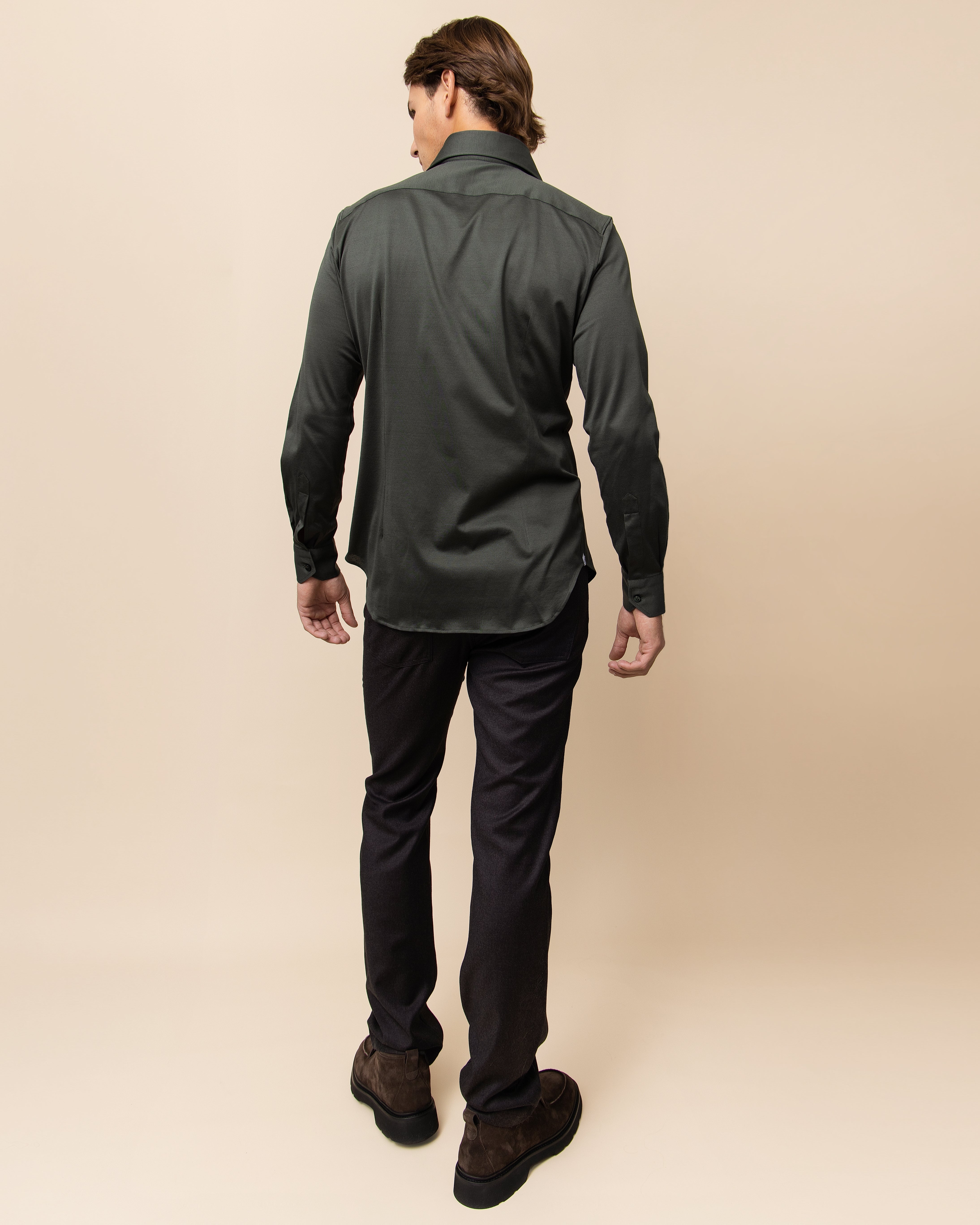 Forest green HYDE Parma knit shirt — fine gauge Italian cotton knit with a refined silk-like sheen and fluid drape