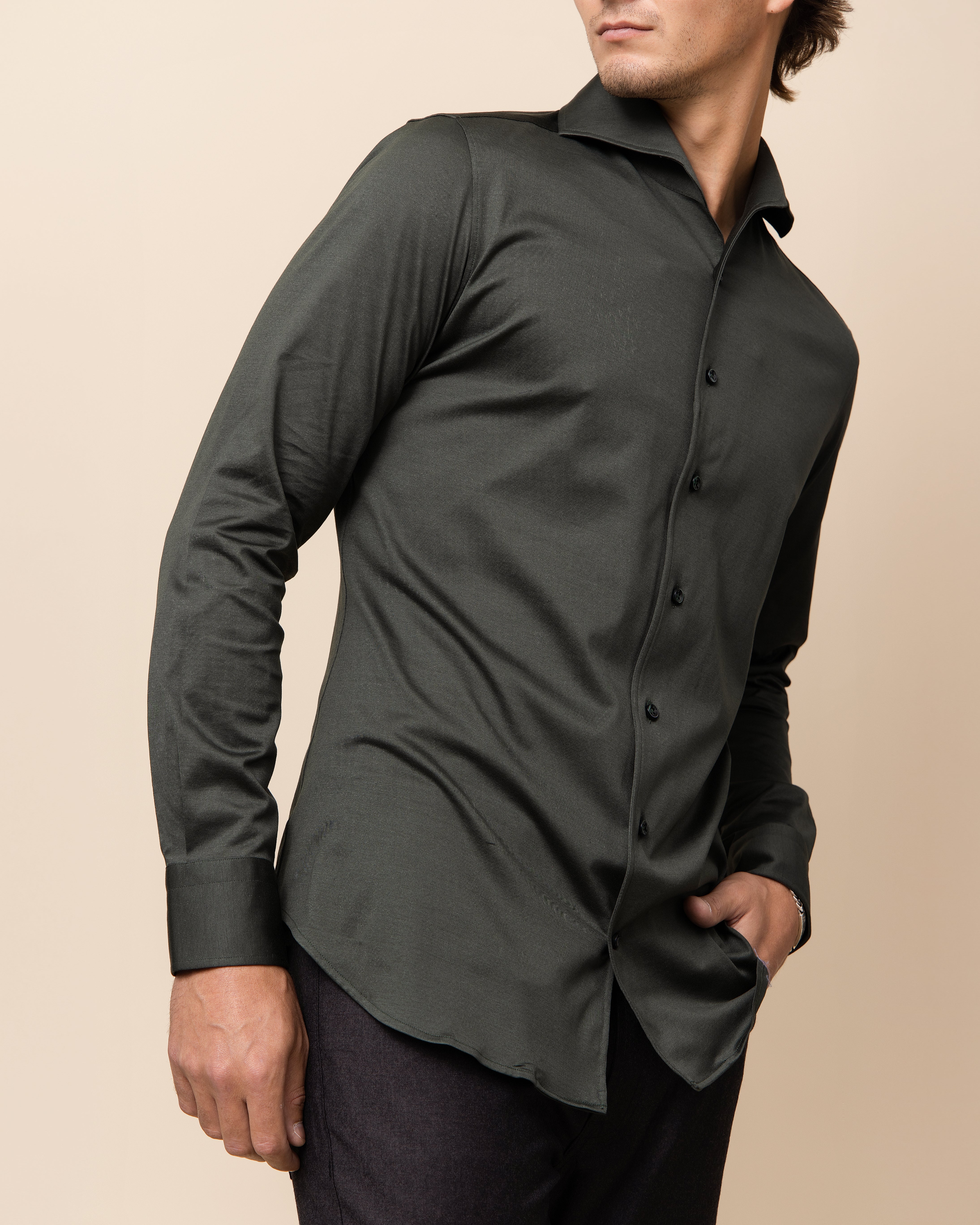 HYDE Parma Knit Shirt in Forest — modern spread collar detail on 100% Italian cotton knit shirting