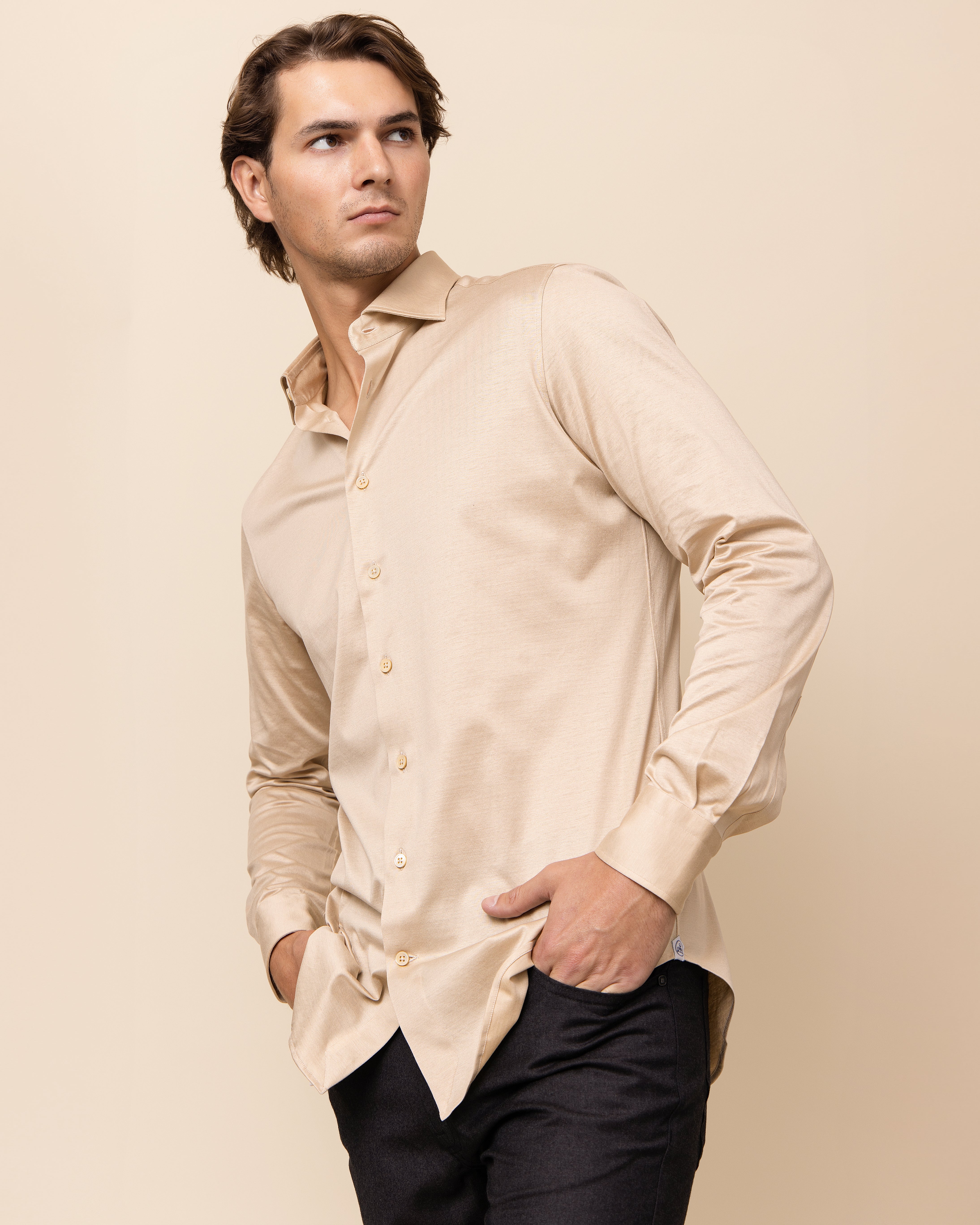 HYDE Parma Knit Shirt in Ivory — modern spread collar detail on 100% Italian cotton knit shirting