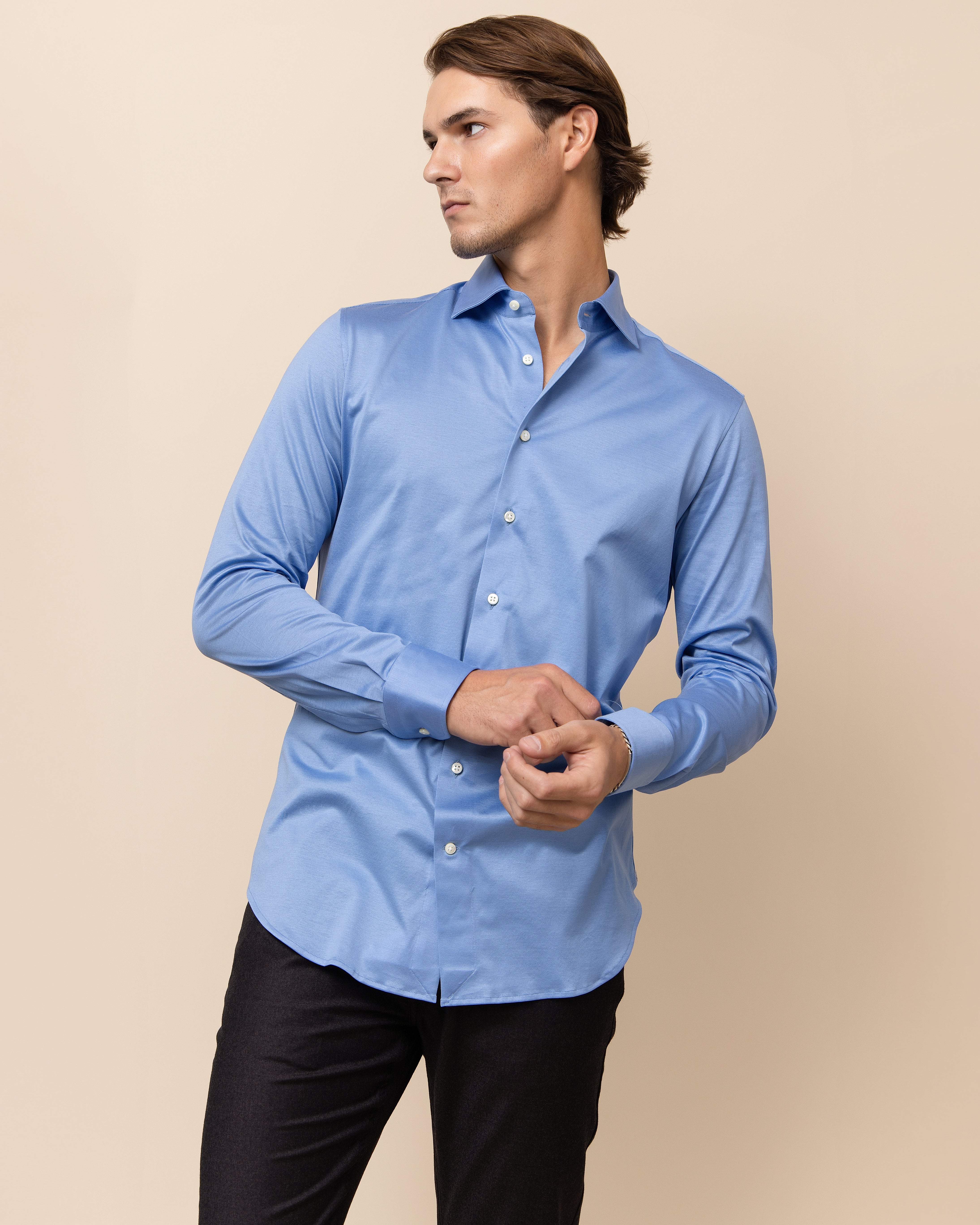 Men's sky blue Italian cotton knit shirt made in Italy, HYDE Parma long sleeve