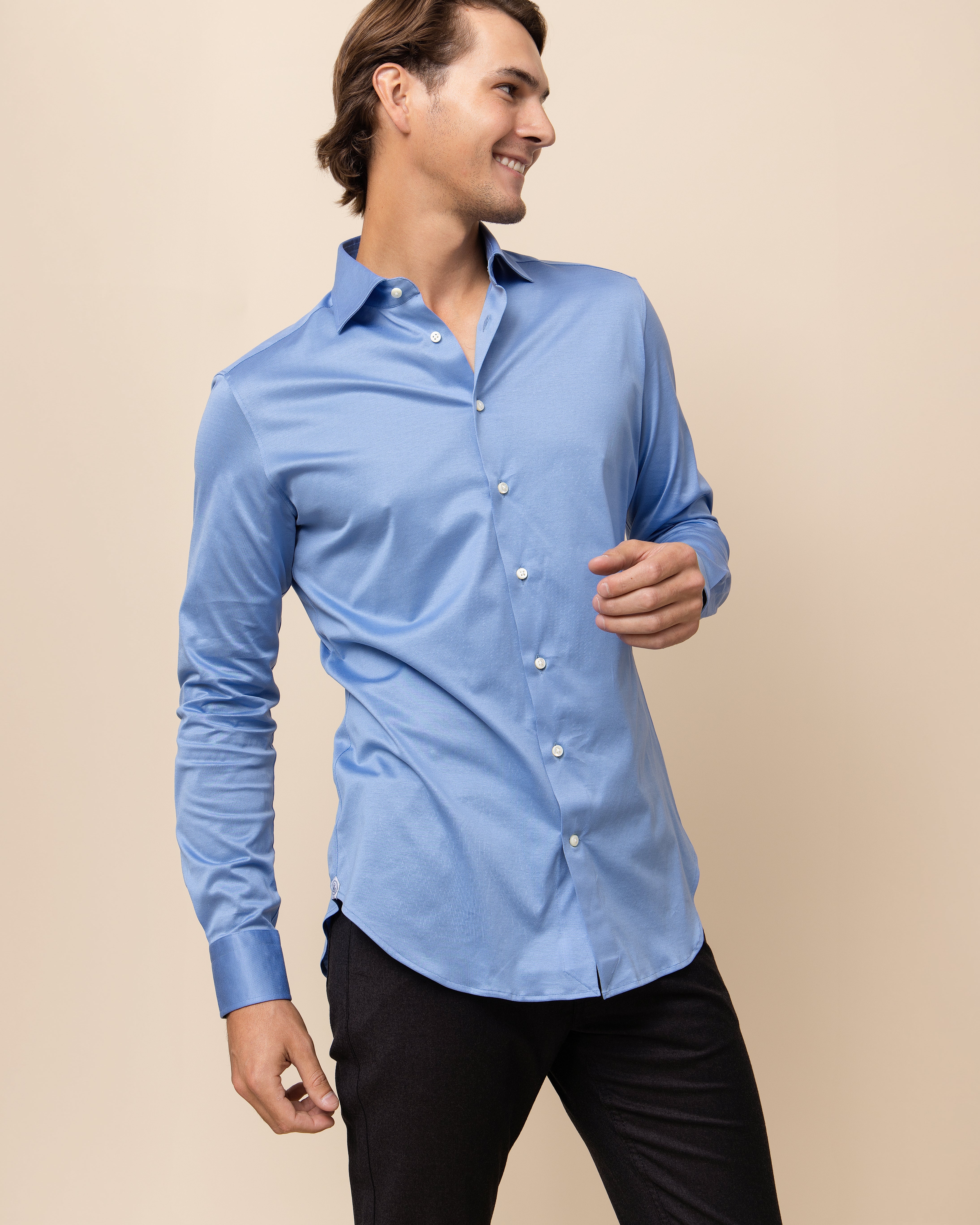 HYDE Parma knit shirt in sky Italian cotton, men's luxury long sleeve knit shirt