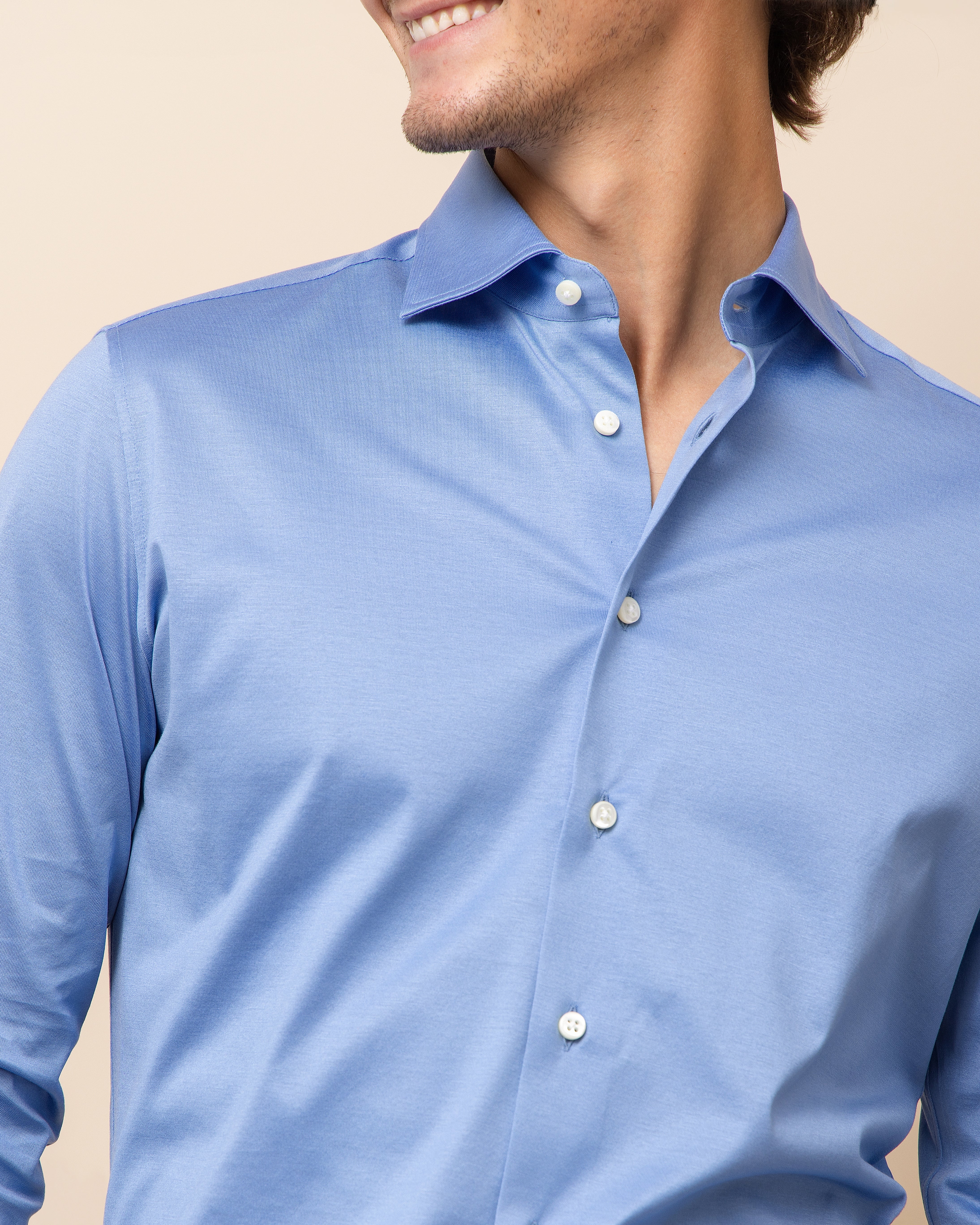 HYDE Parma men's knit shirt in sky, close view of fine gauge Italian cotton with silk-like finish
