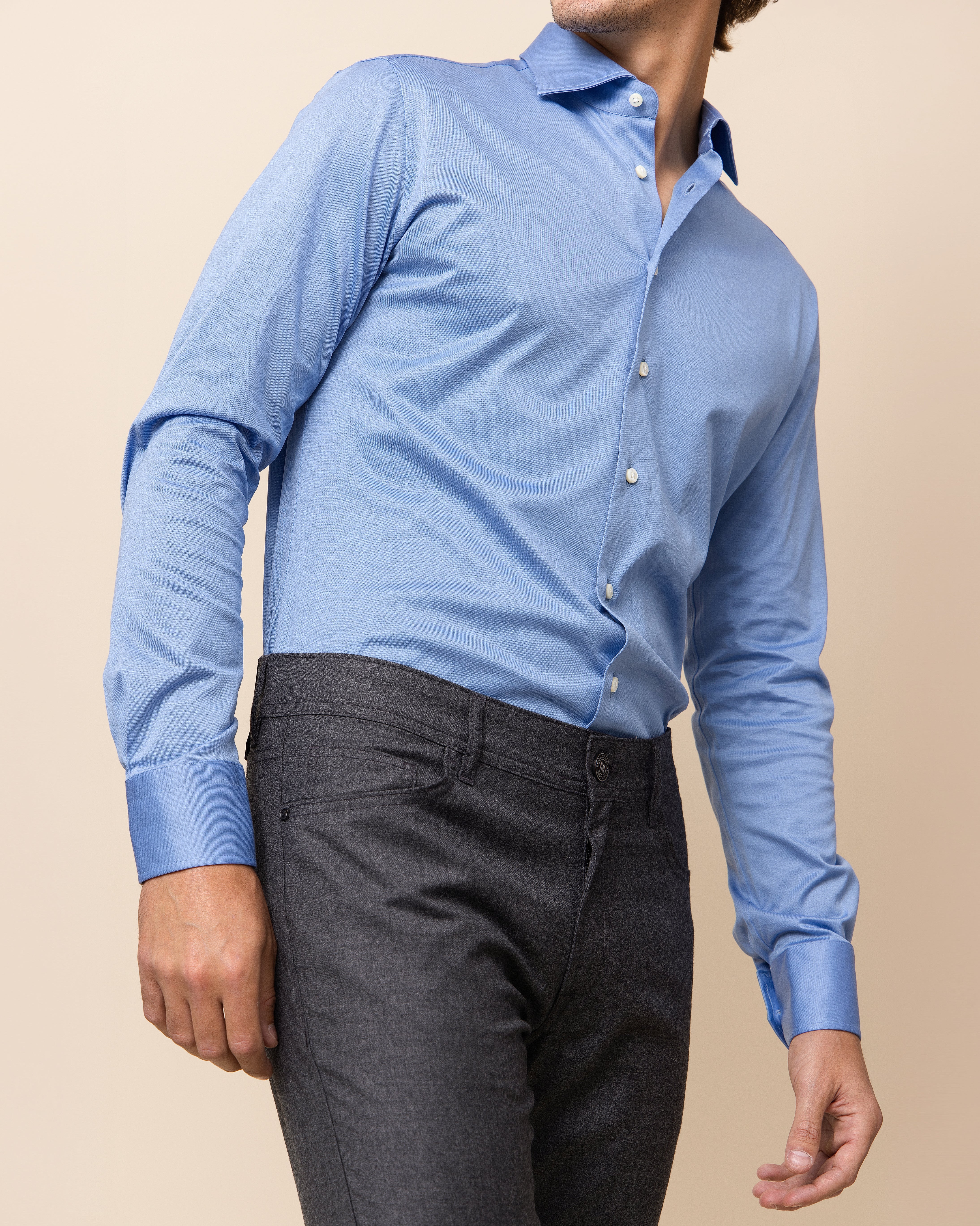 Light blue knit shirt for men by HYDE, tailored placket and clean cuff finish