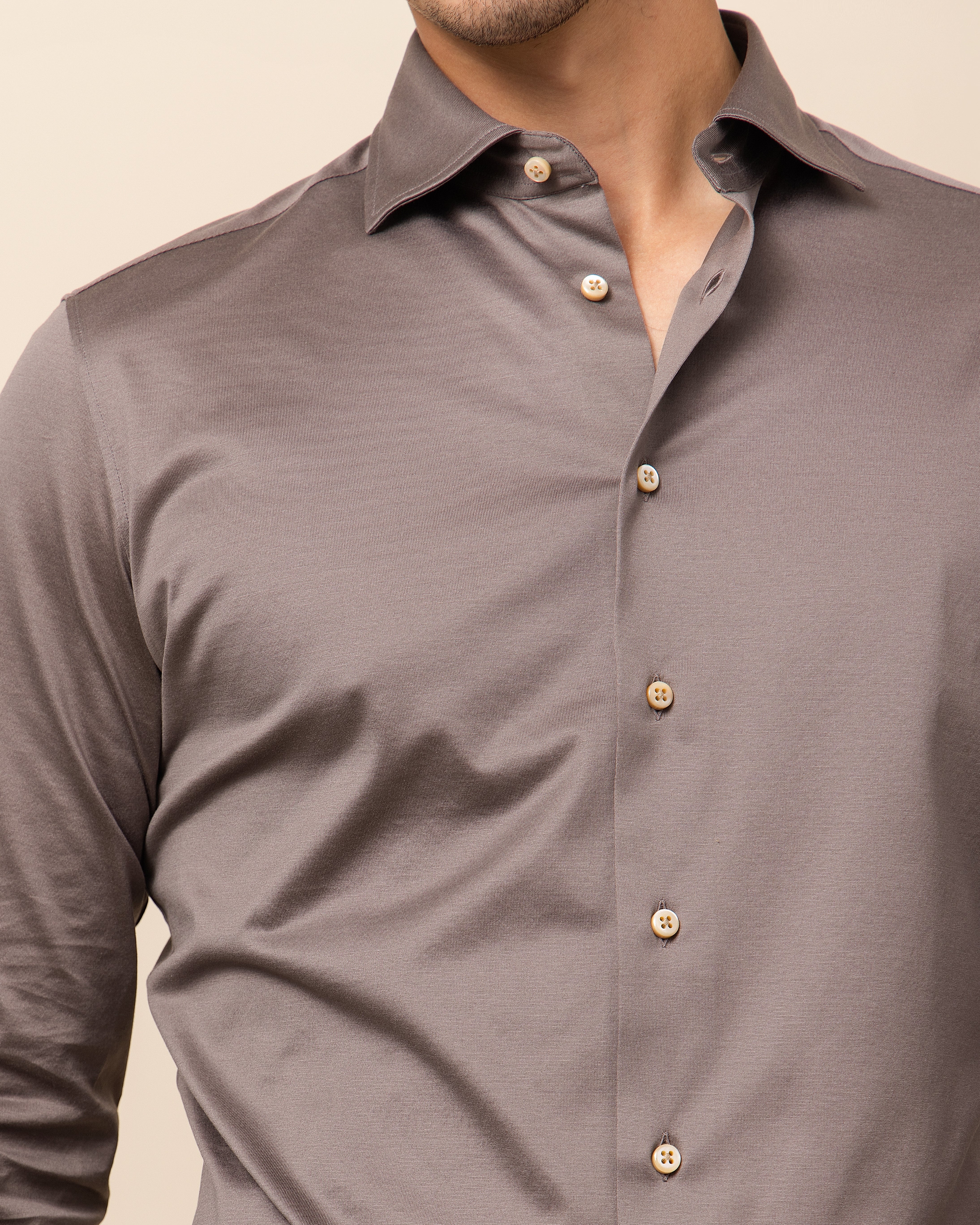 Taupe HYDE Parma knit shirt — fine gauge Italian cotton knit with a refined silk-like sheen and fluid drape