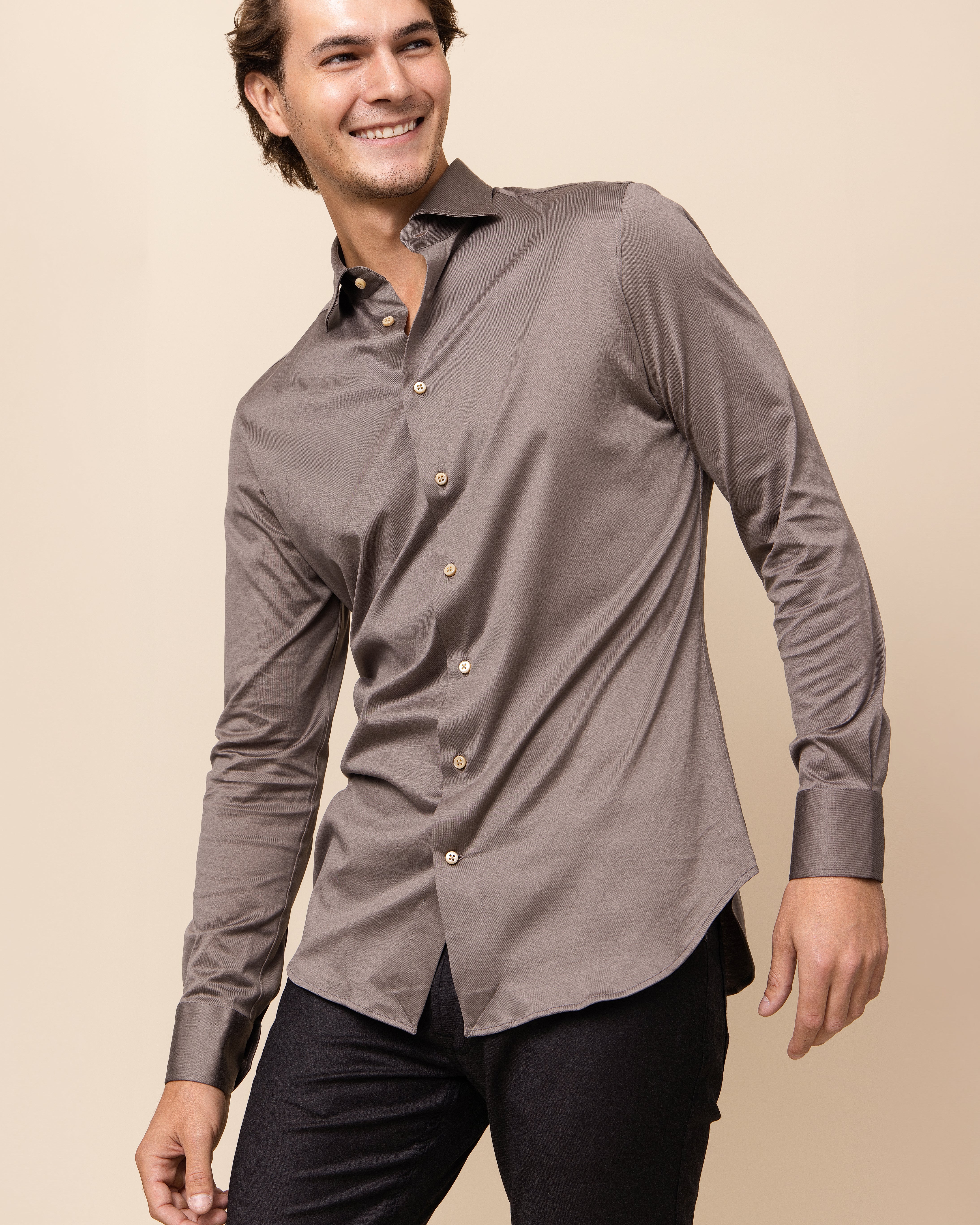 HYDE Parma Knit Shirt in Taupe Italian cotton — men's luxury long sleeve knit shirt with spread collar and full button front, crafted in Italy