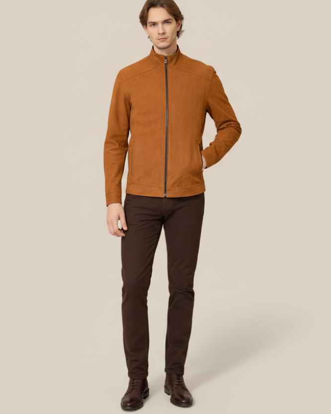 Man wearing a brown jacket on a beige background