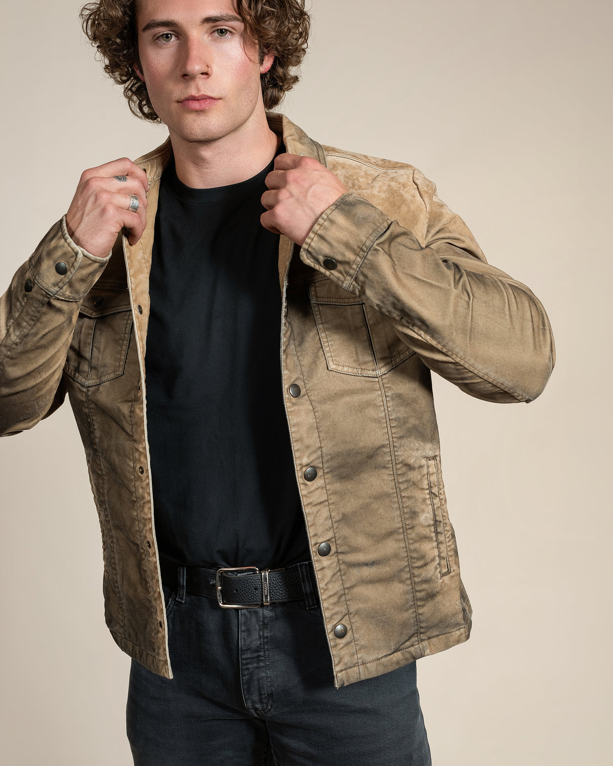 HYDE Sawyer Jacket in Desert, men's Italian cotton trucker jacket, front view showing the snap-front placket and pointed collar.