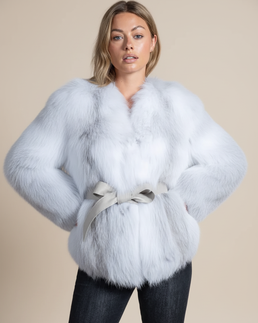 Woman wearing a light blue fur coat with a belt against a beige background
