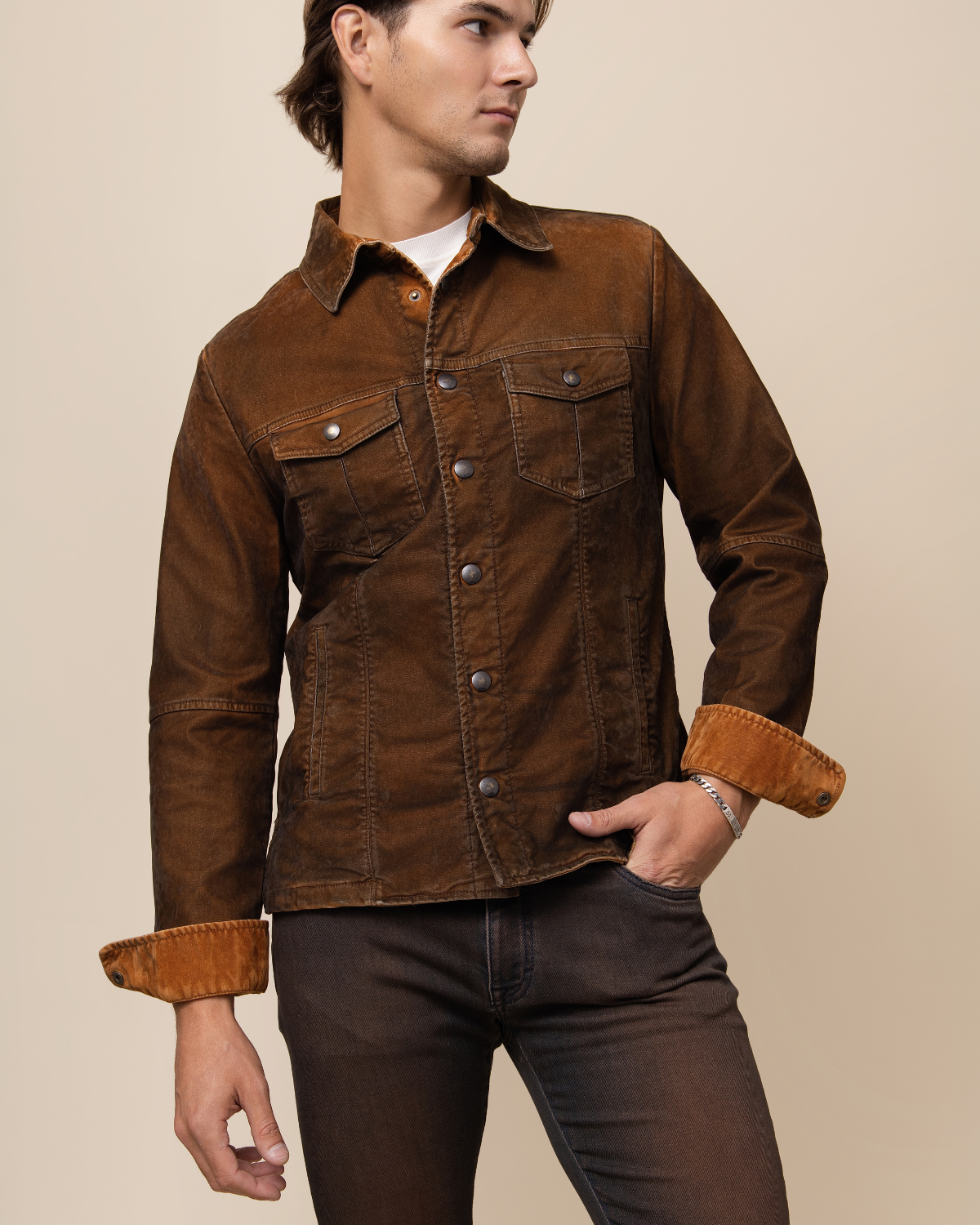 Hyde Sawyer Jacket in Ruggine — men's Italian overdyed, sandblasted cotton-blend Western trucker jacket by Teleria Zed in a warm rust tone.