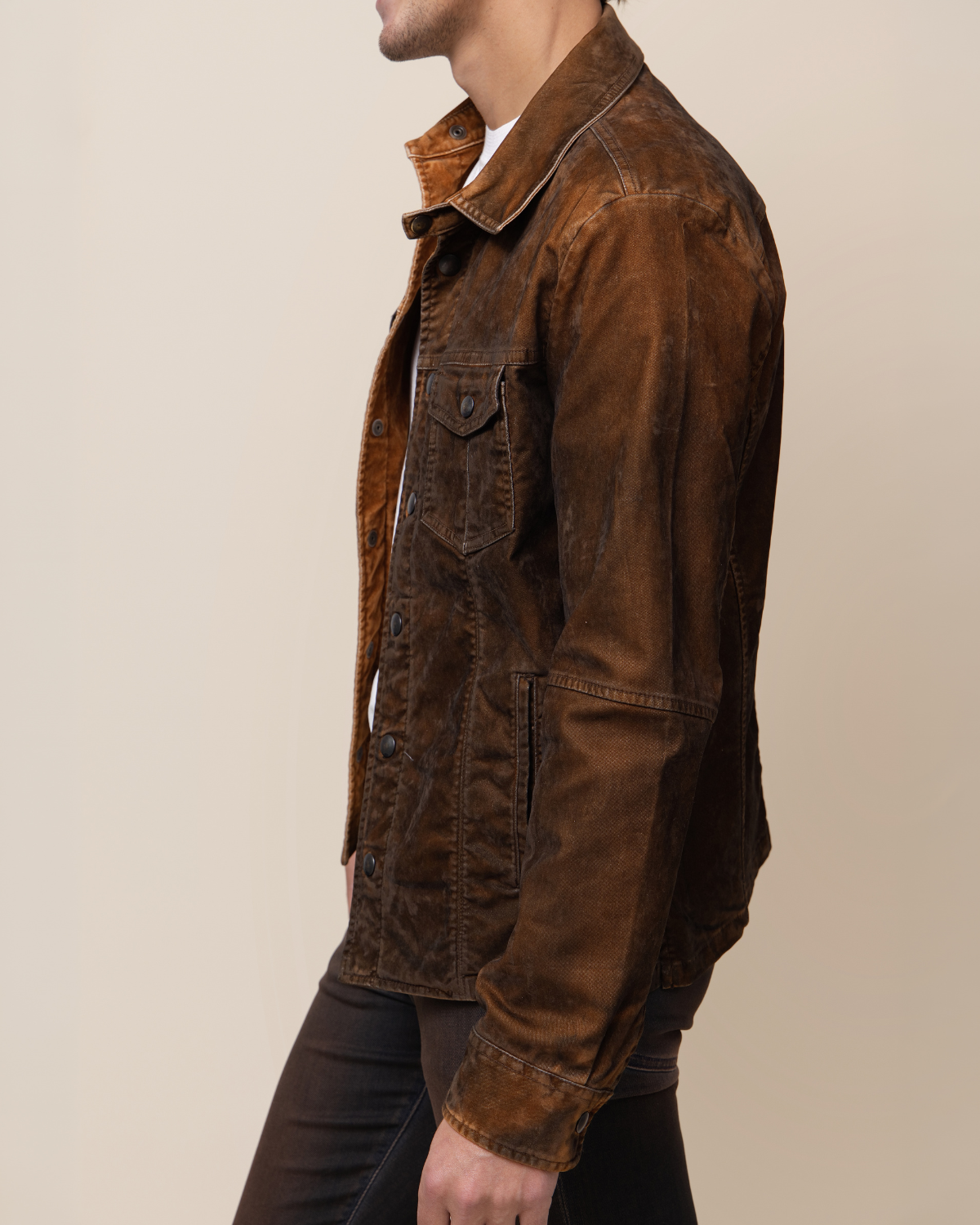 Hyde Sawyer Ruggine jacket detail — flap chest pockets, Western back yoke and tonal topstitching on overdyed, sandblasted rust cotton blend.