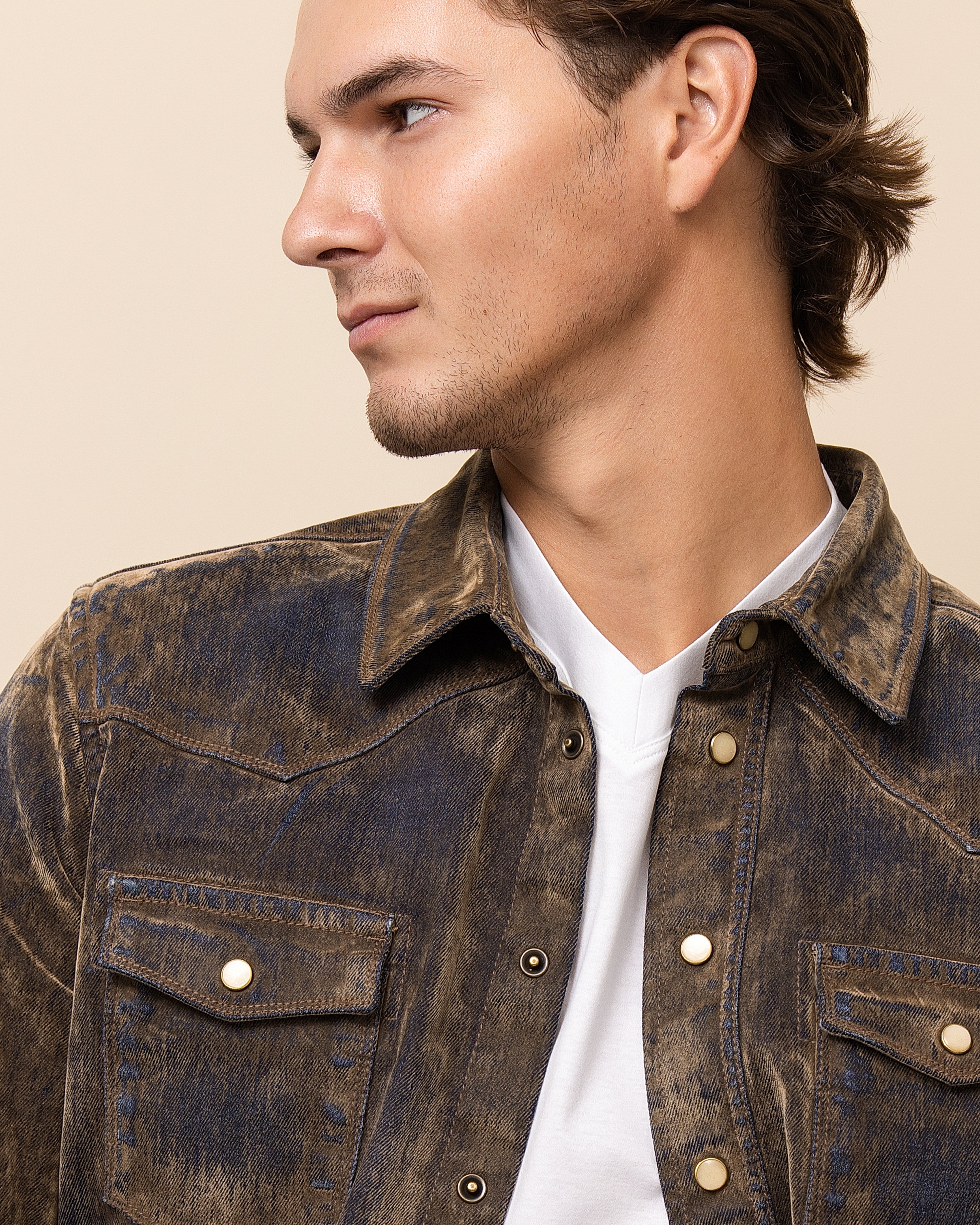 HYDE Silverado western shirt in Tanned Denim — pearl snap closures and vintage-inspired ranchwear detailing on luxury Italian cotton denim