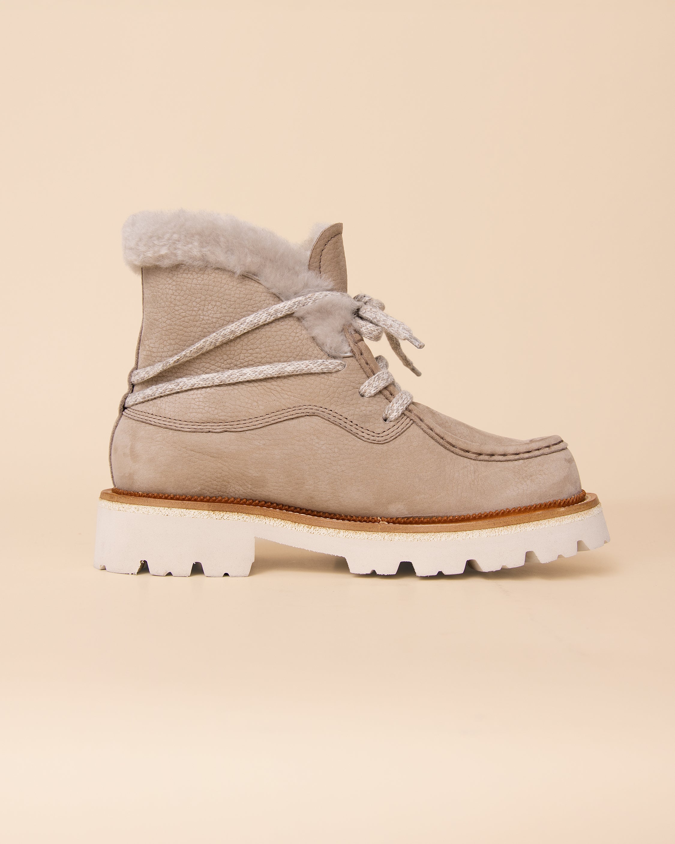 HYDE Sofia women's boot in taupe nabuk, side profile with lightweight lugged sole