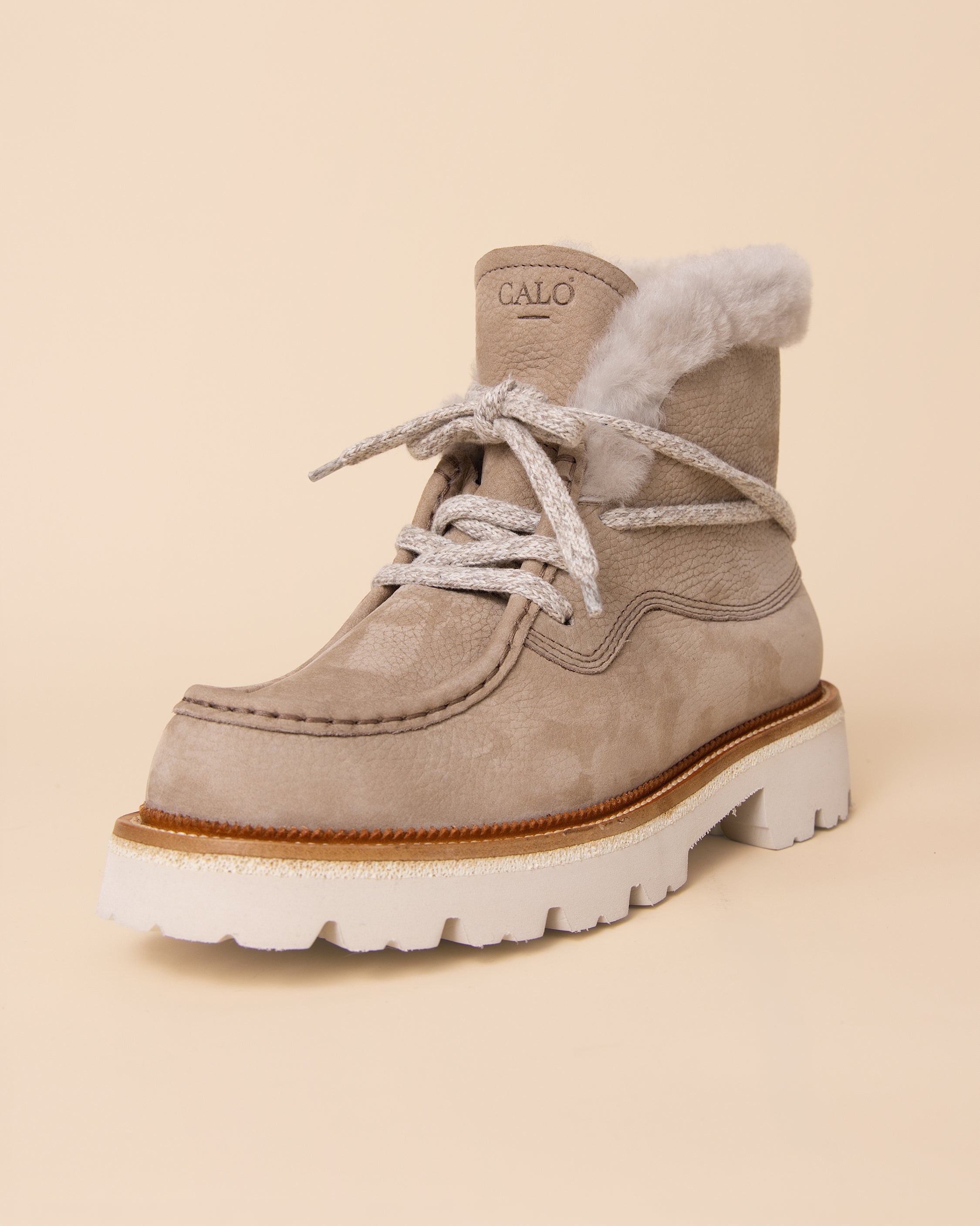 HYDE Sofia fur-lined ankle boot in taupe, cushioned footbed and lug sole detail