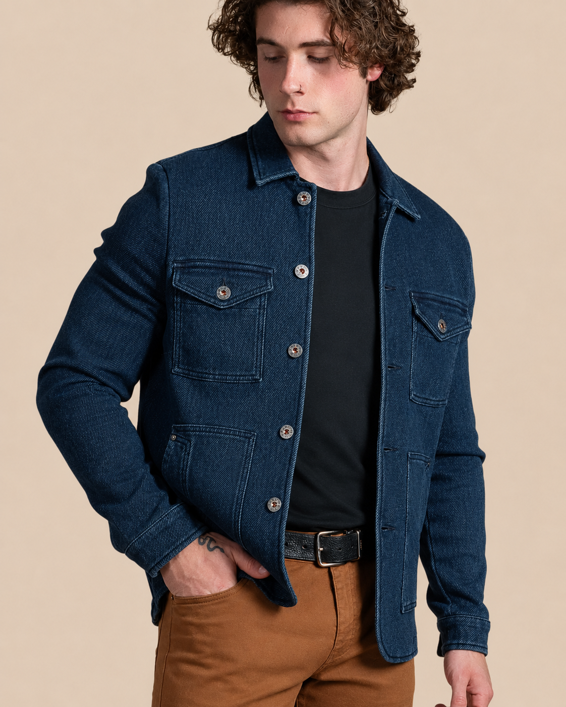 HYDE Tennessee men's chore jacket in blue, front view worn open over a tee — clean cotton-blend twill with flap chest pockets and Teleria Zed buttons