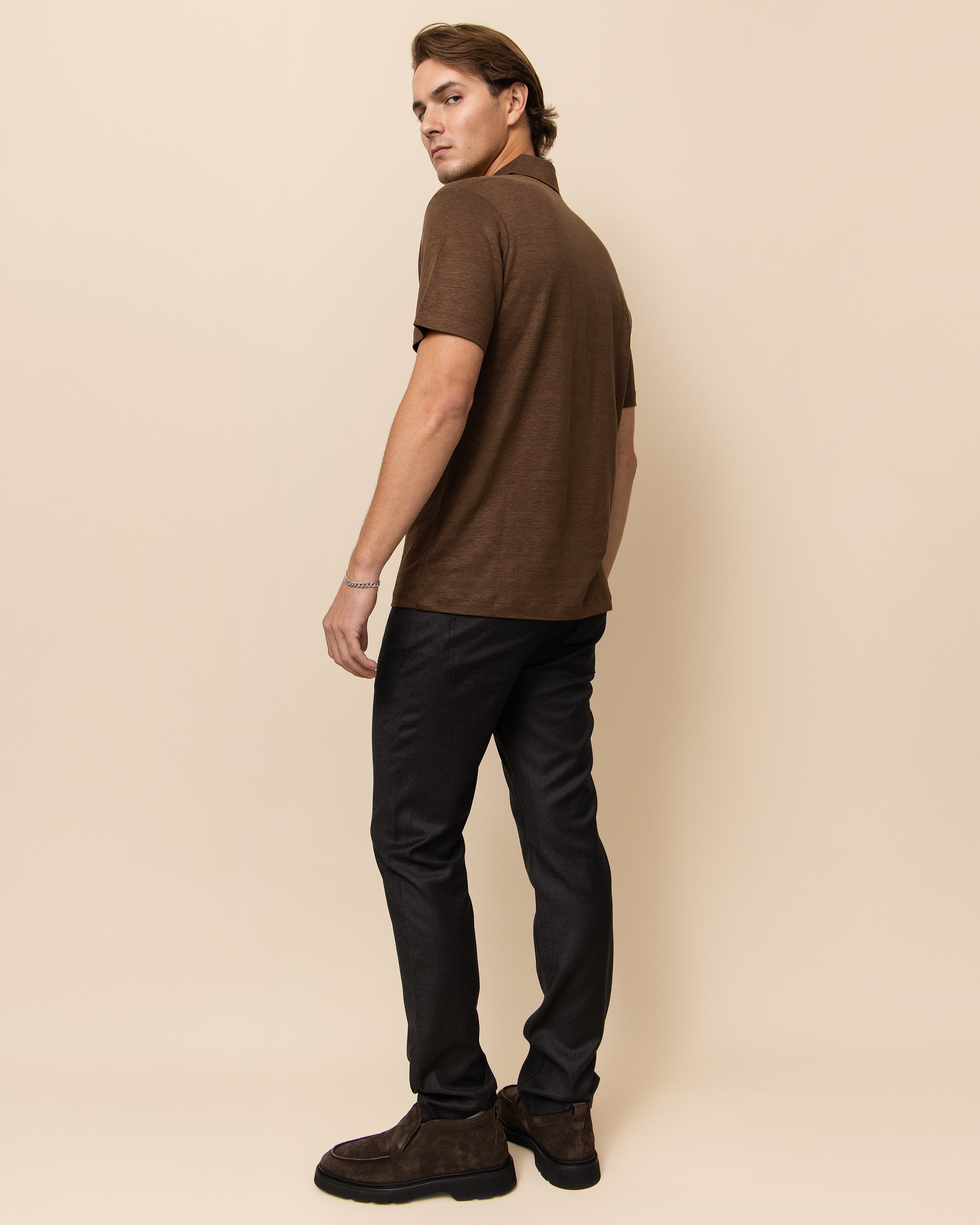 HYDE Taormina brown Italian linen knit polo by Emiliano Zapata, men's luxury 100% Italian linen jersey polo shirt