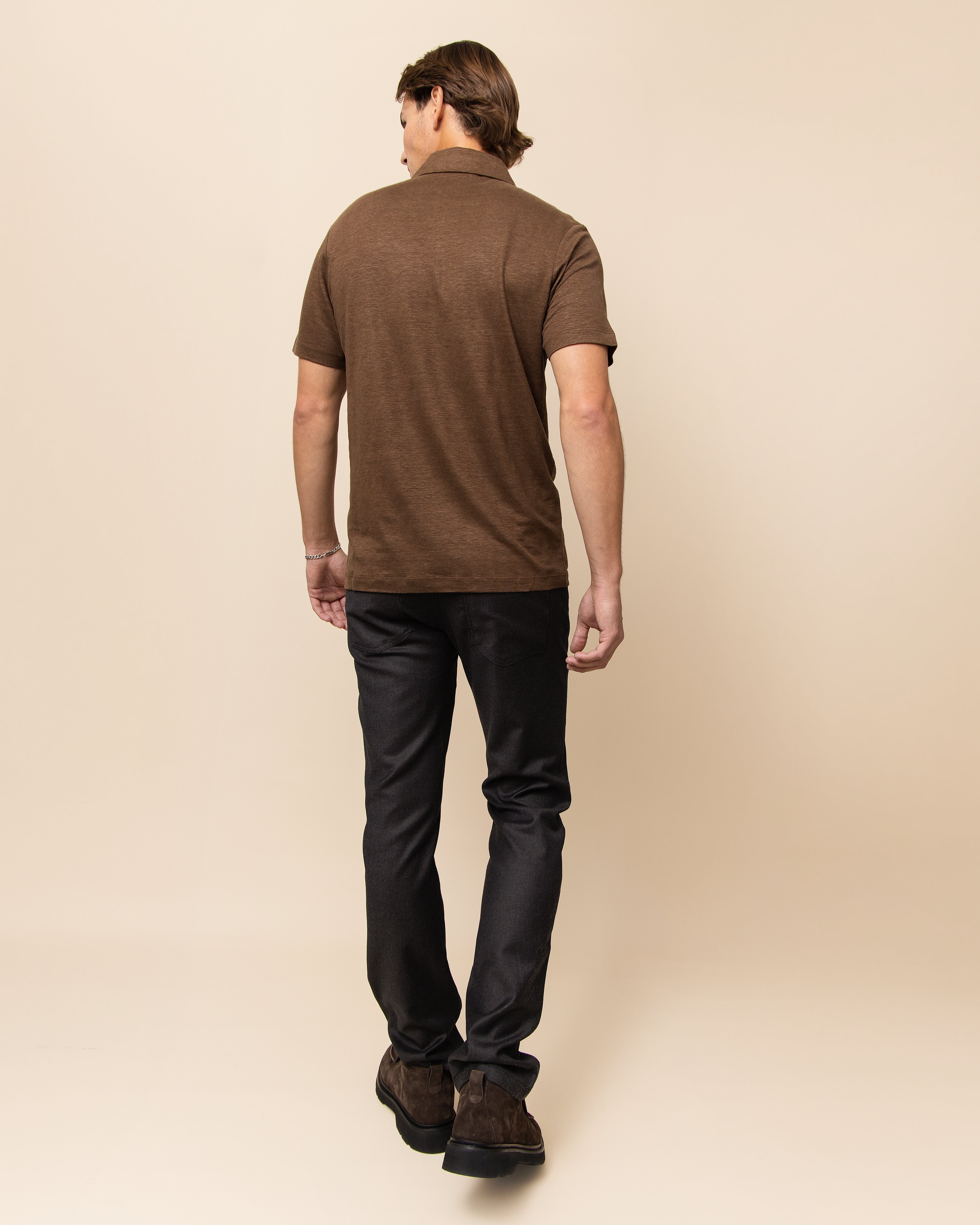 Emiliano Zapata brown Italian linen polo for men, relaxed drape with clean sleeve and hem finish