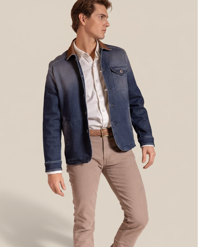 Man wearing a blue jacket over a white shirt and beige pants on a beige background