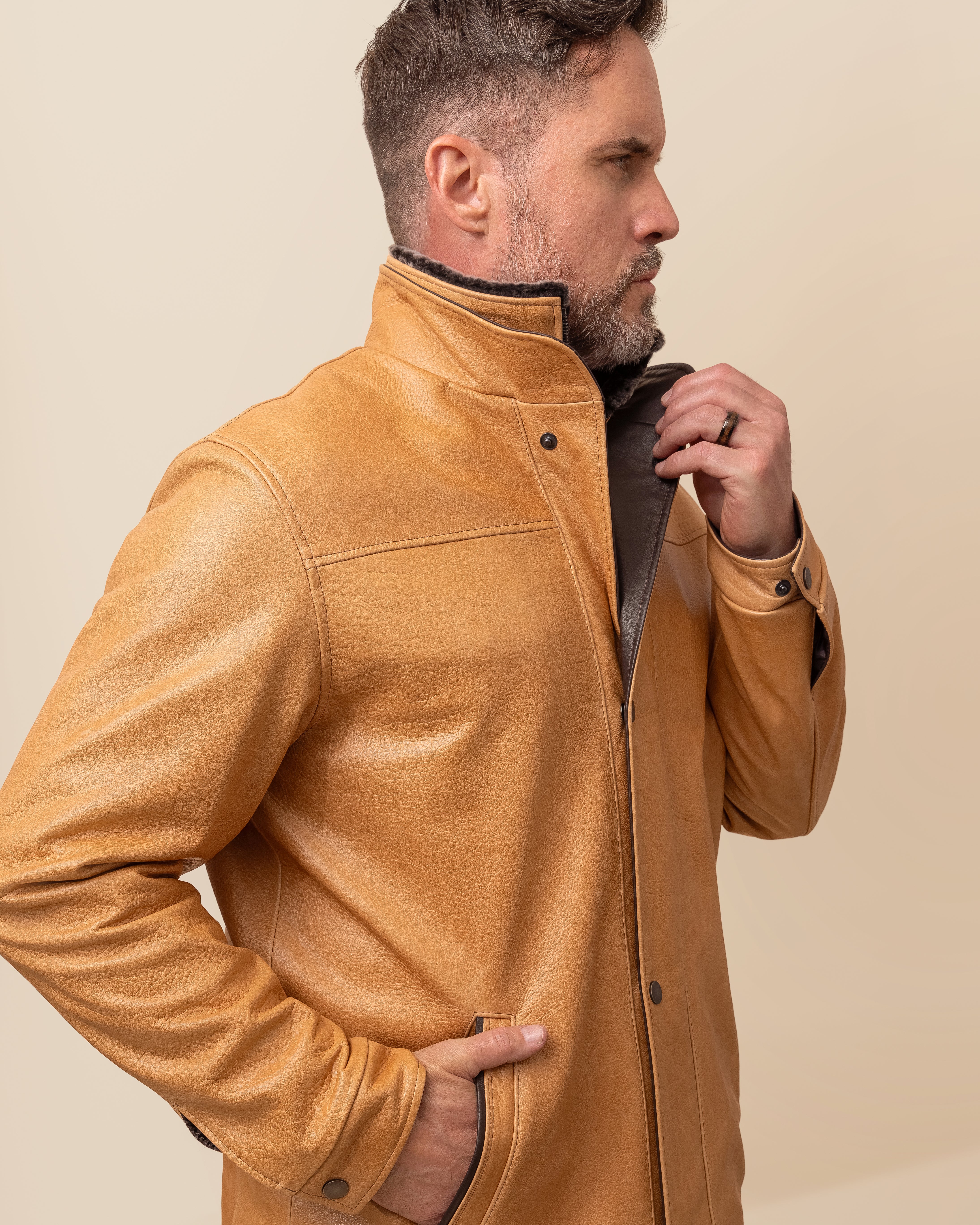 HYDE Canyon Jacket — detail of grey shearling collar and Rustic Napa trim against waxy camel cowhide shell, handcrafted in Los Angeles