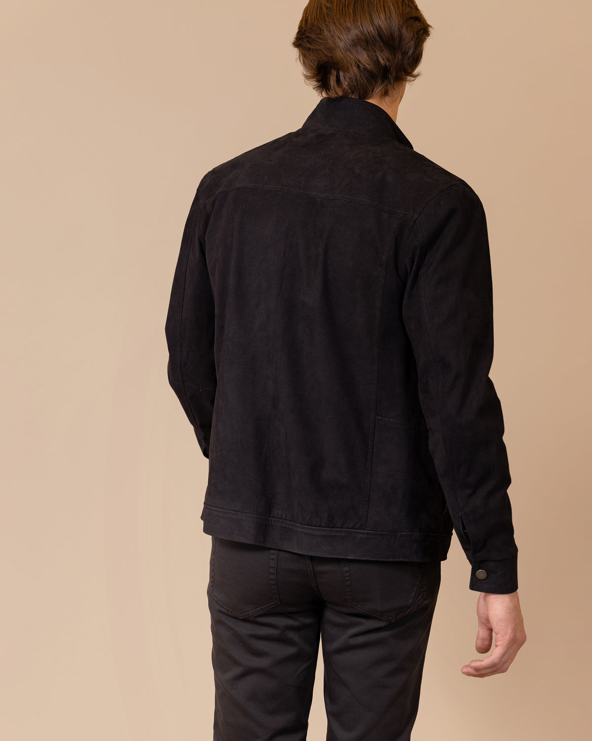 Back view of the Savio Ace Rustic nubuck calfskin jacket, showing the construction and drape of the Italian leather.