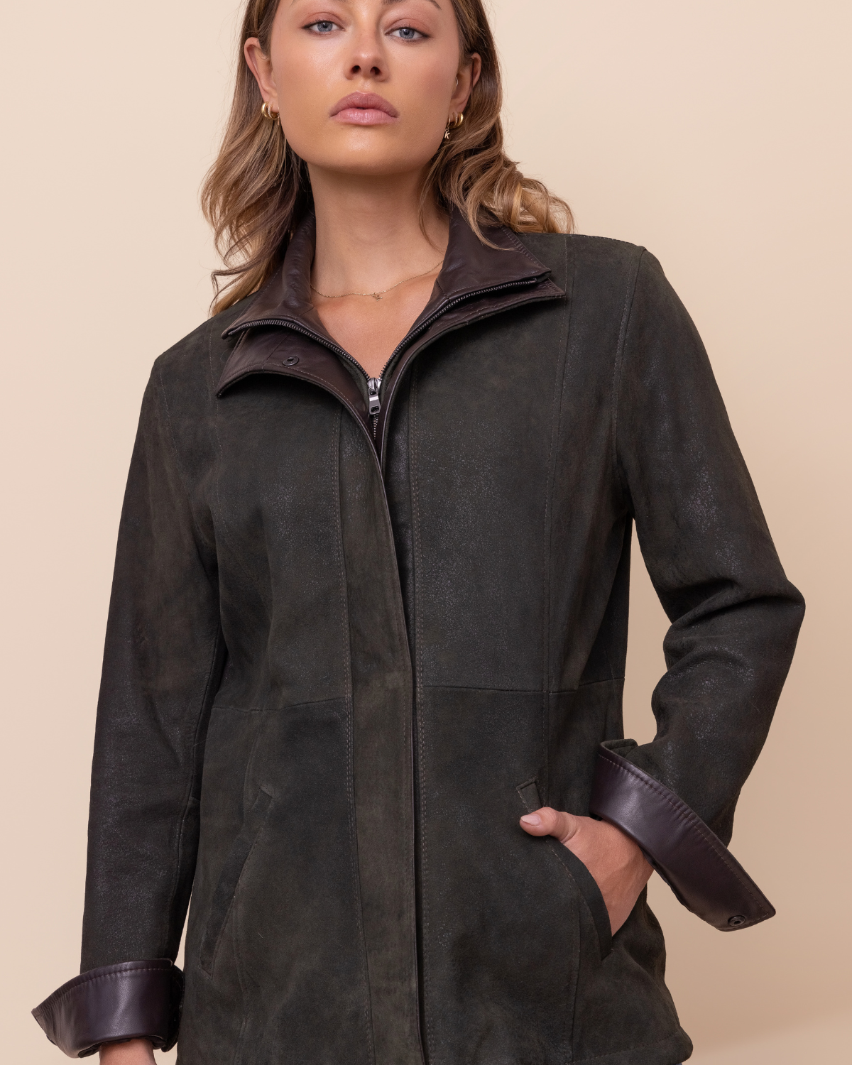 HYDE Cassia Jacket in Moss Rustic — front detail of snap-zip closure and double collar with Rustic Napa trim, distressed lambskin