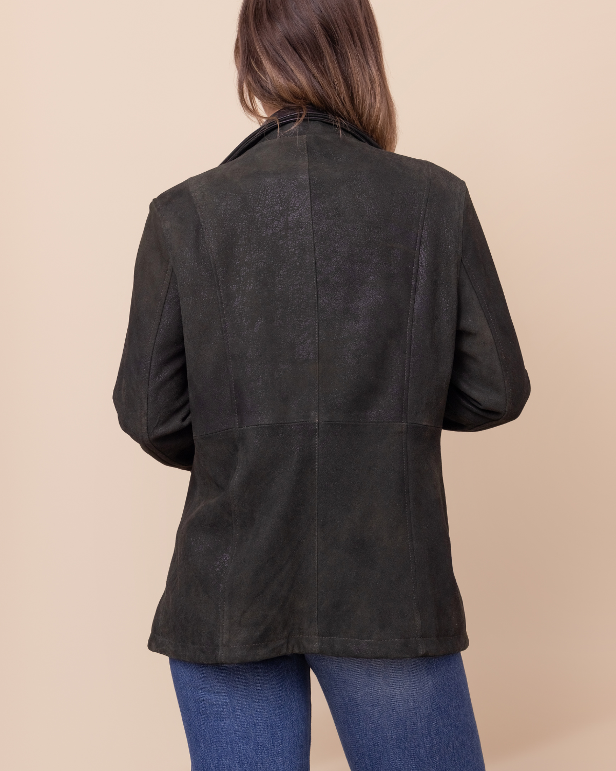 HYDE Cassia Jacket — clean tailored silhouette and deep moss green burnished distressed finish, English lambskin, USA-made