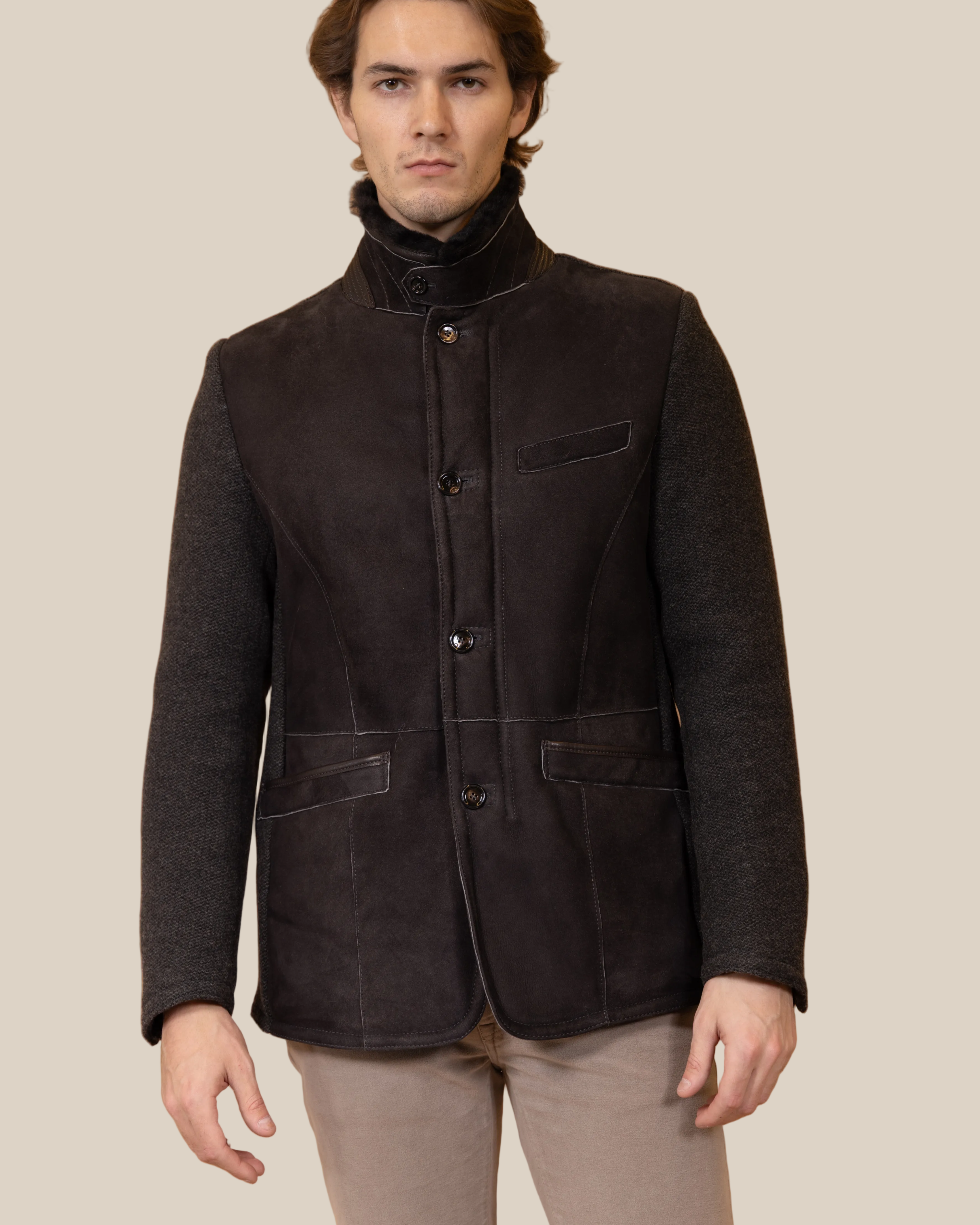Tundra Bison Brown Spanish Shearling Coat for Men | Italian Luxury Alpine Winter Coat