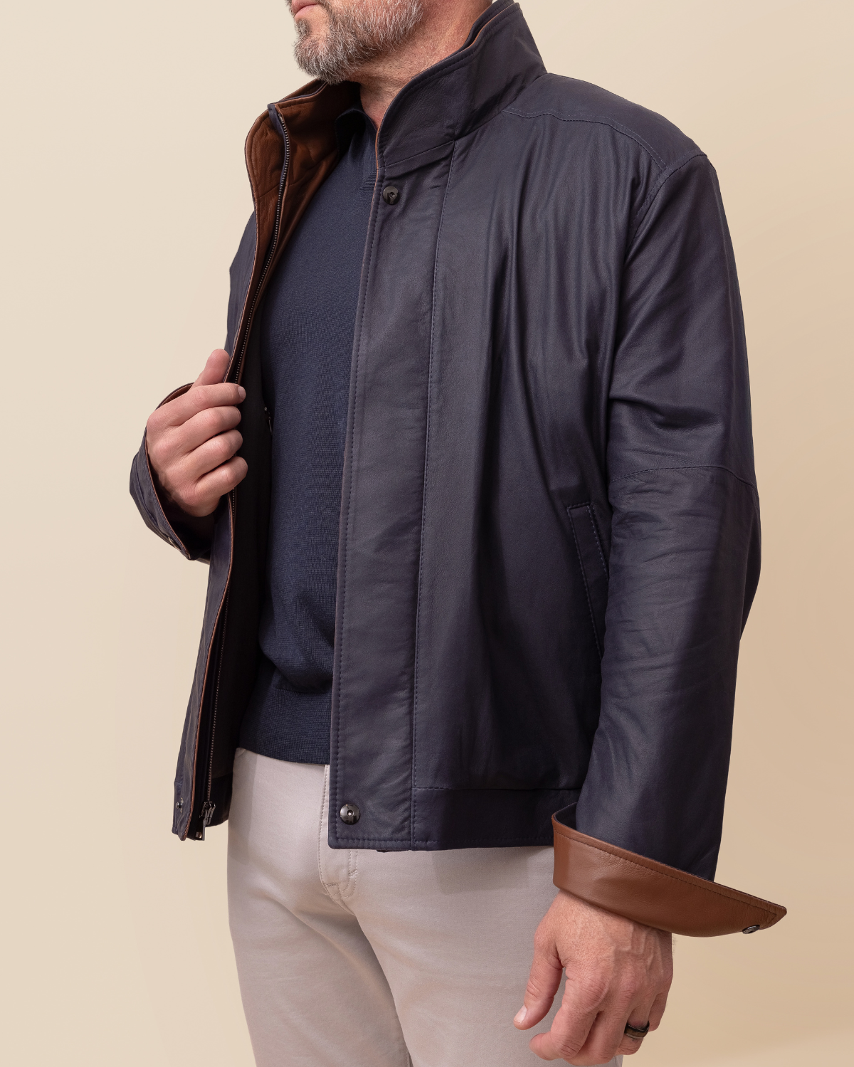 HYDE Forza Bomber — rear view, lightweight Navy lambskin suede bomber silhouette with elastic hem band, handcrafted in Los Angeles
