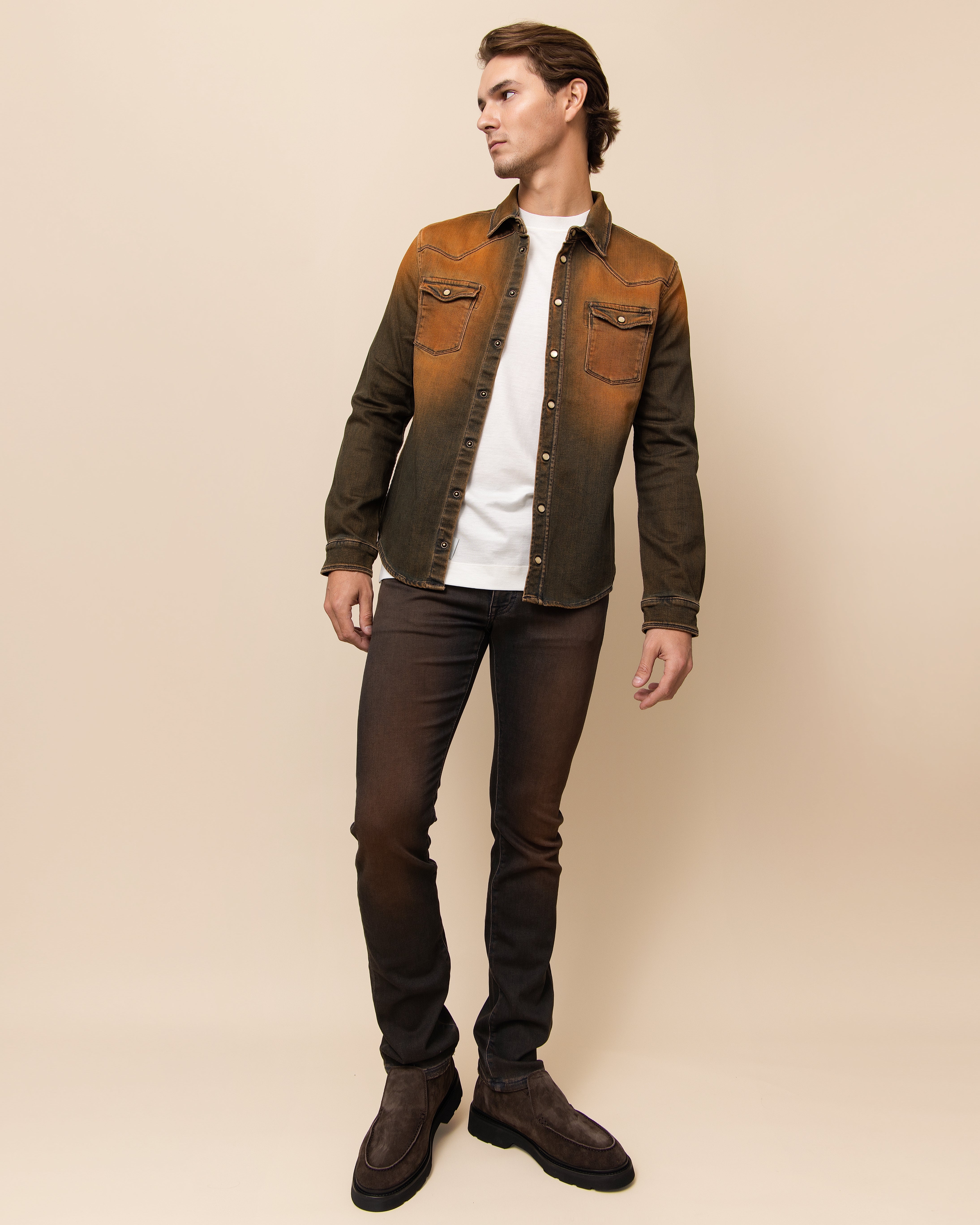 HYDE Weston Selvage Western Snap Shirt, Rhum overdye — vintage selvage character and broken-in hand feel, Italian craftsmanship by Teleria Zed