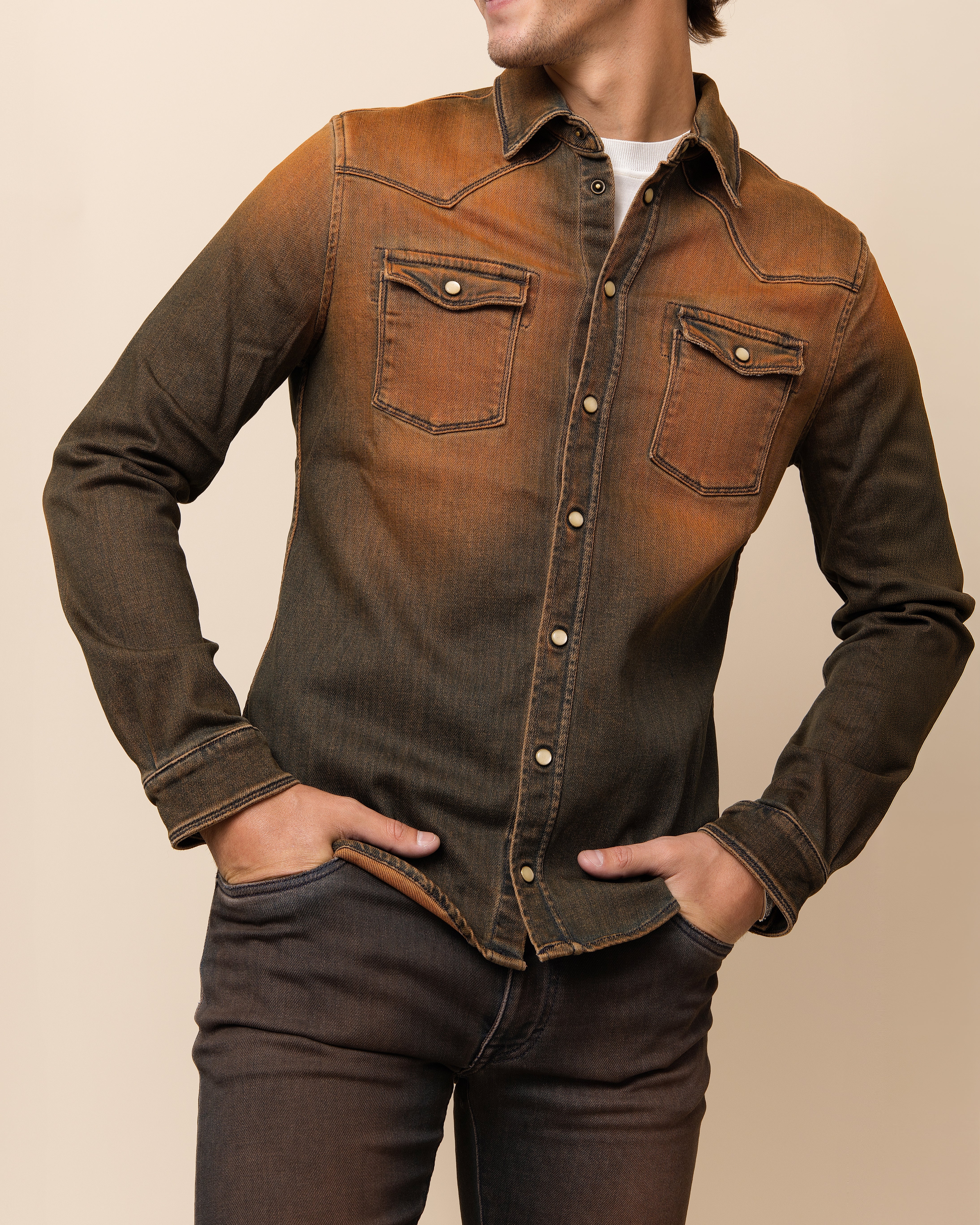 Rhum HYDE Weston western snap shirt — warm amber-brown sandblast and overdye finish creating tonal depth across Italian cotton-blend fabric
