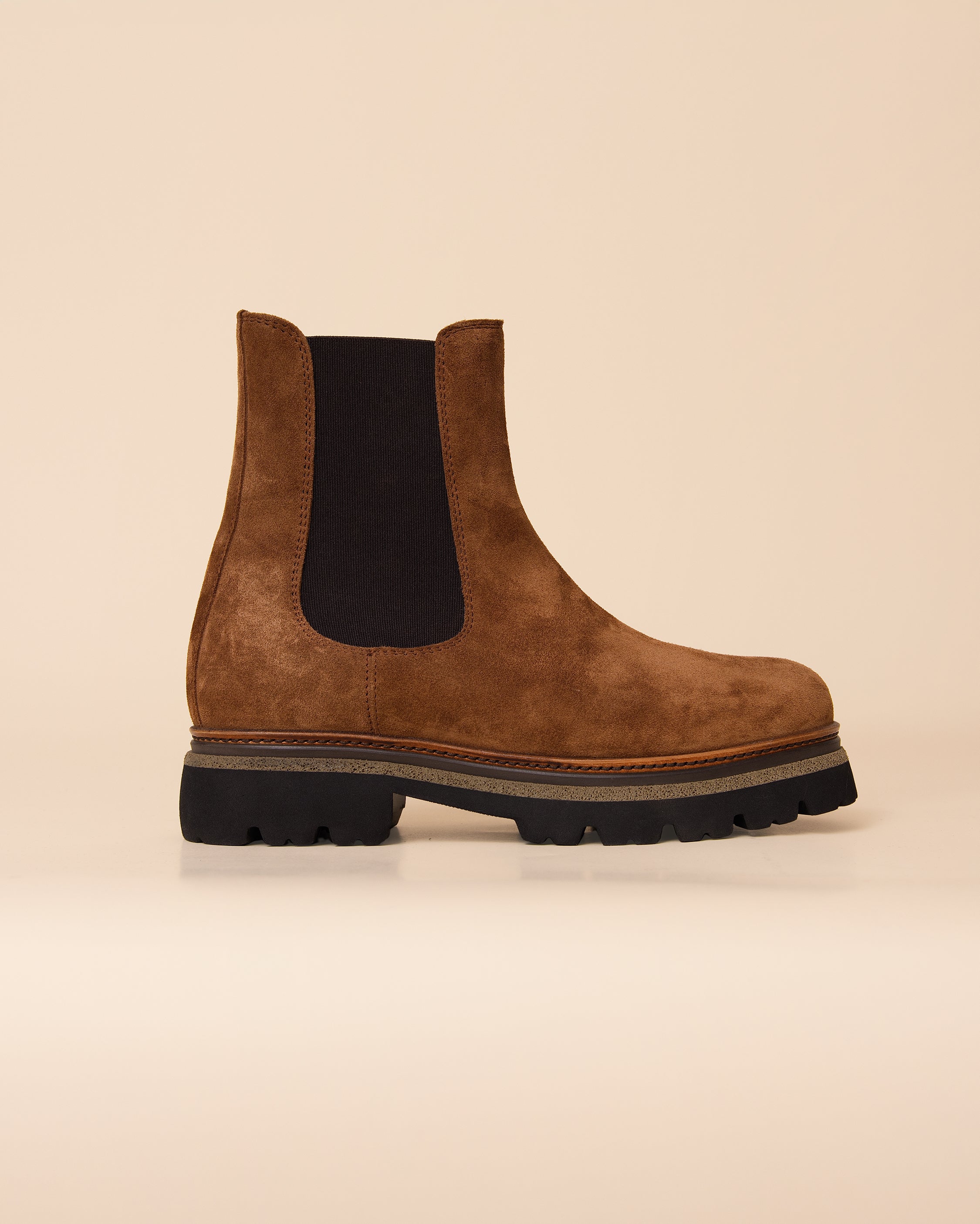 HYDE Zoe women's Chelsea boot in tabacco suede, side profile with lugged rubber sole