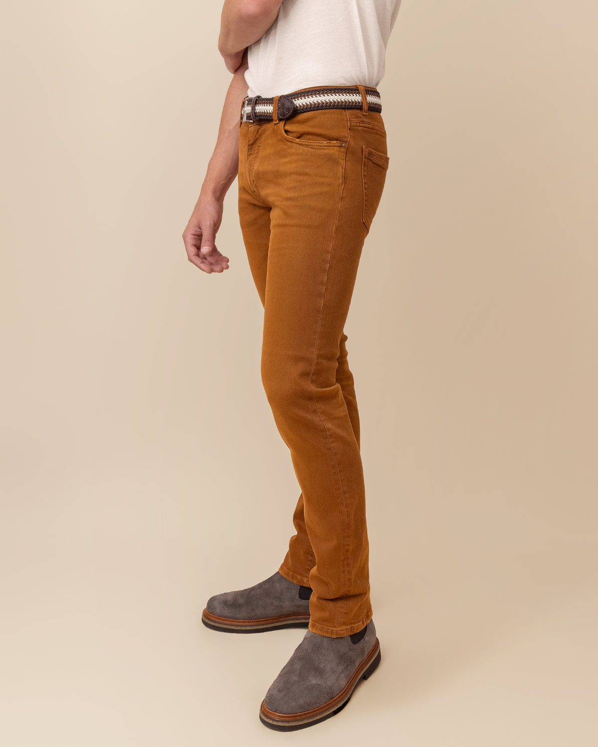 side view — slim leg, mid-rise, stretch twill