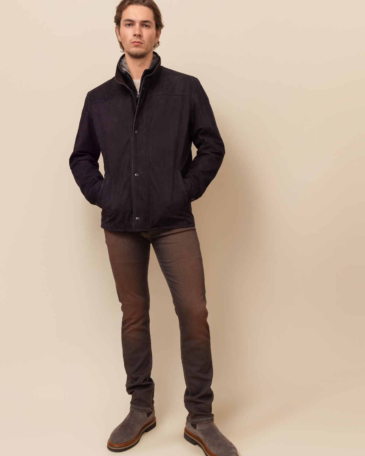 front view — charcoal-blue wash, tailored modern fit, made in Italy