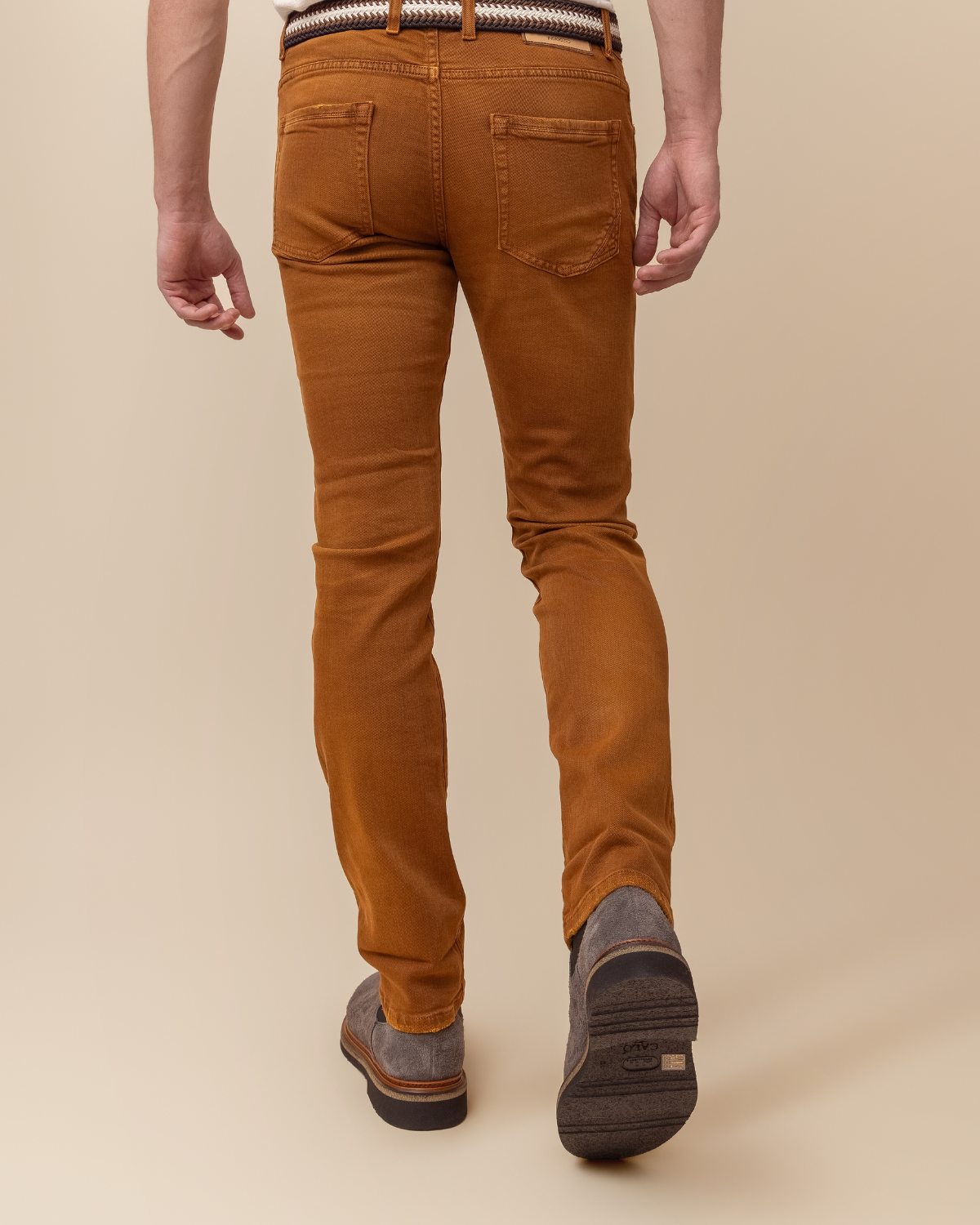 detail — tonal hardware, five-pocket, hand-finished dye