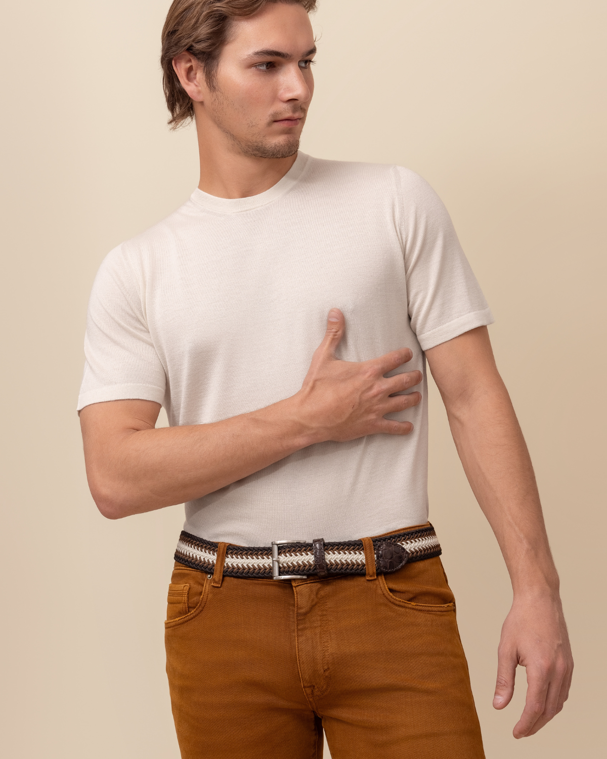 front view — cotton-elastane, tailored slim, made in Italy