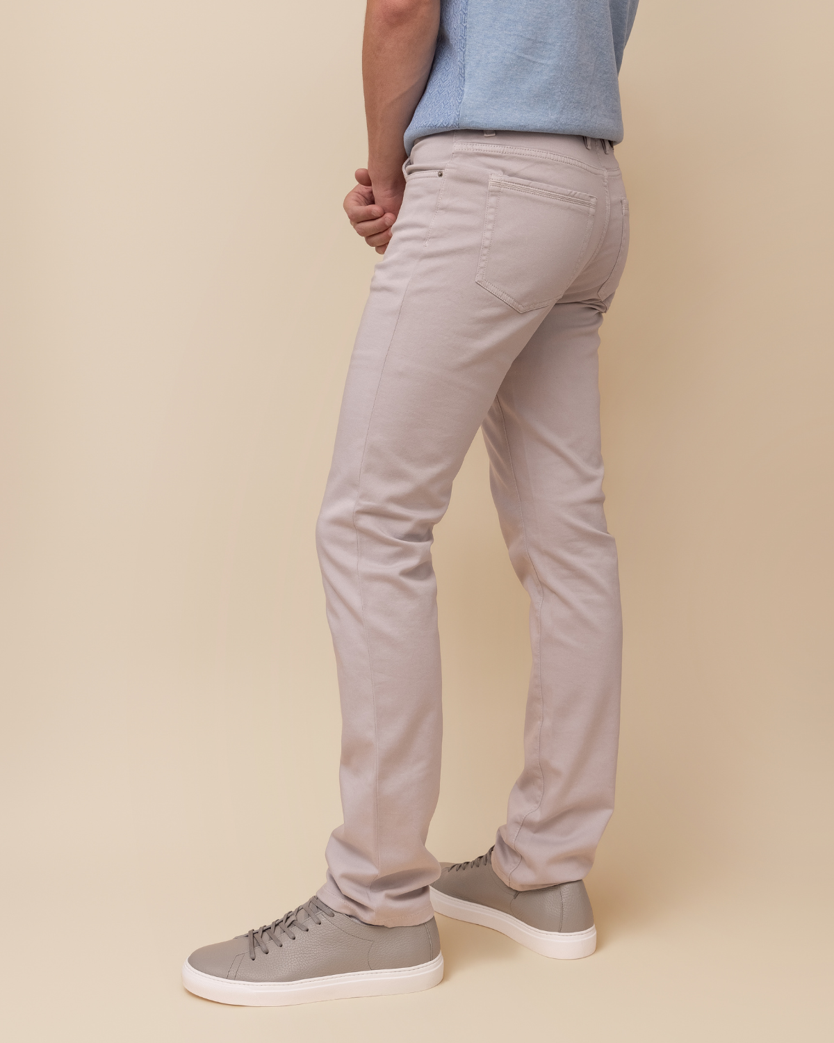 side view — mid-rise, ankle taper, Italian twill
