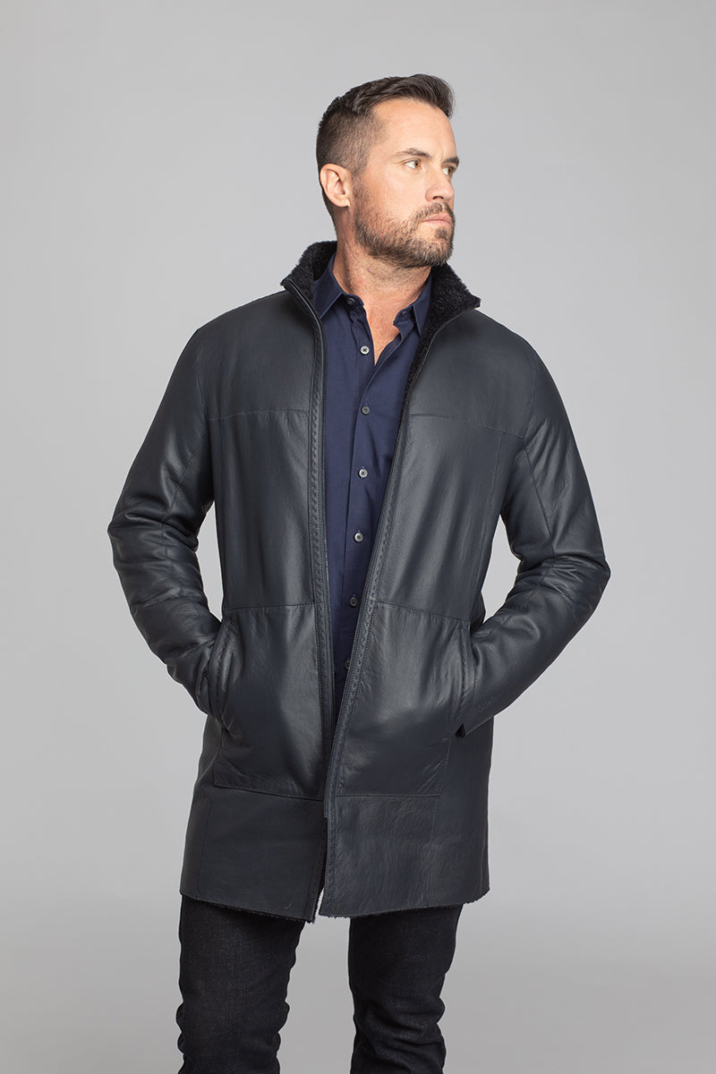 Men's 35" Navy Lacaune Lamb Reversible Shearling.