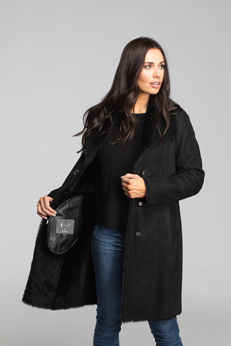 Women's Lacaune Suede Shearling w/ Shawl Collar 37" Navy