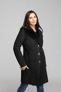 Women's Lacaune Suede Shearling w/ Shawl Collar 37" Navy