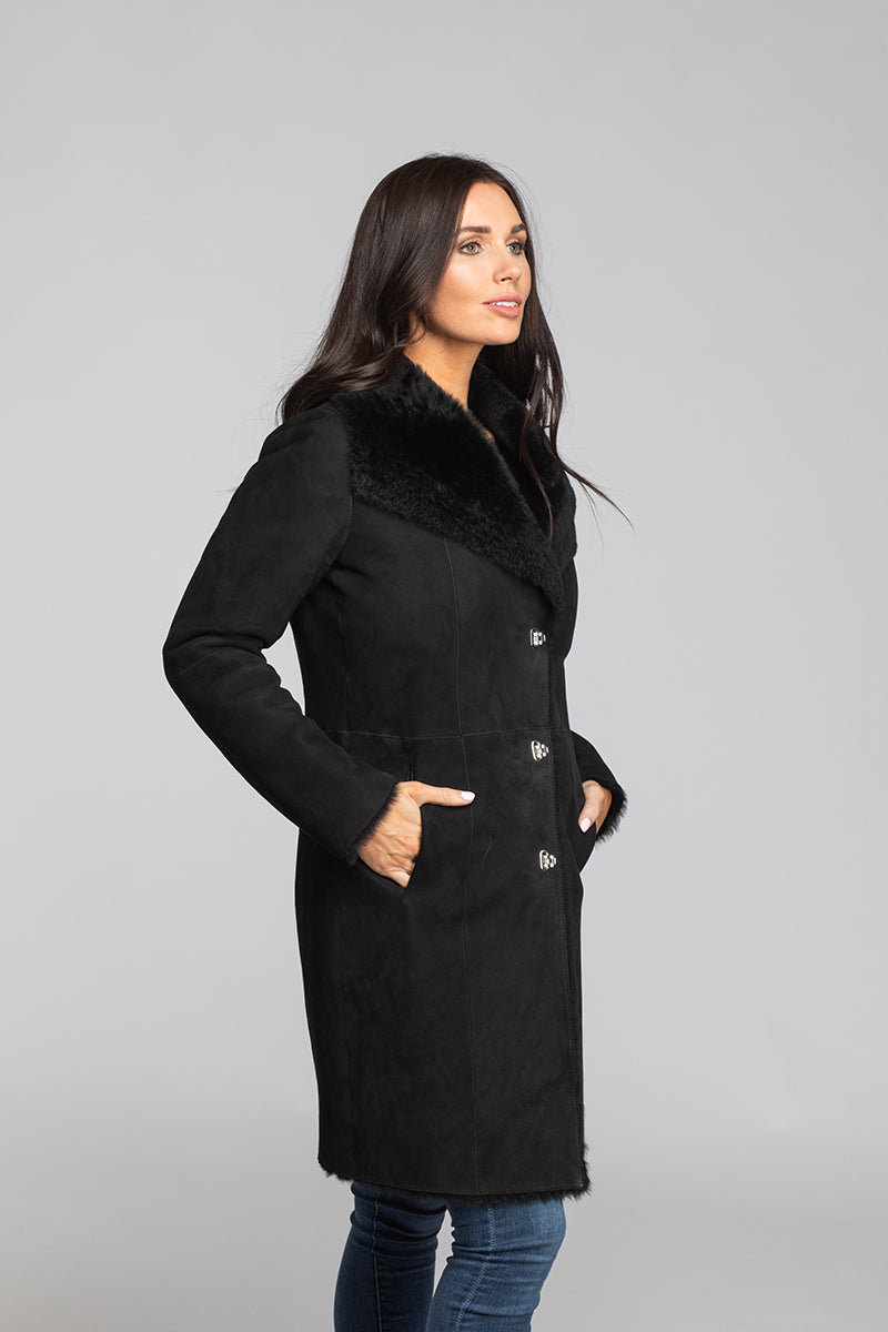 Women's Lacaune Suede Shearling w/ Shawl Collar 37" Navy
