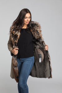 Women's Merino Suede Shearling W/Silver fox Trim 35" Ivory