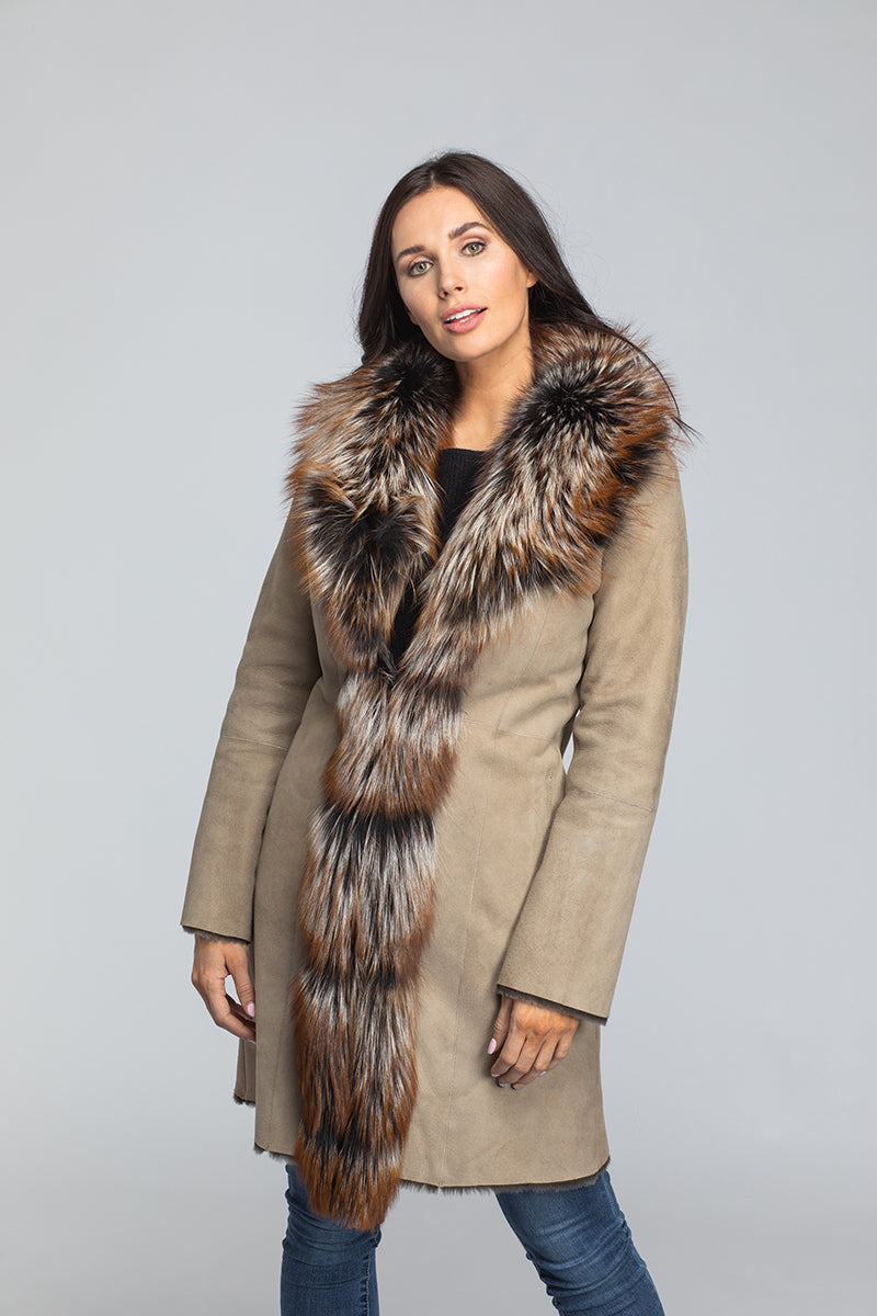 Women's Merino Suede Shearling W/Silver fox Trim 35" Ivory