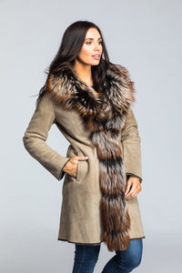 Women's Merino Suede Shearling W/Silver fox Trim 35" Ivory