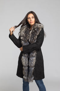 Women's Merino Suede Shearling W/Silver fox Trim 35" Ivory