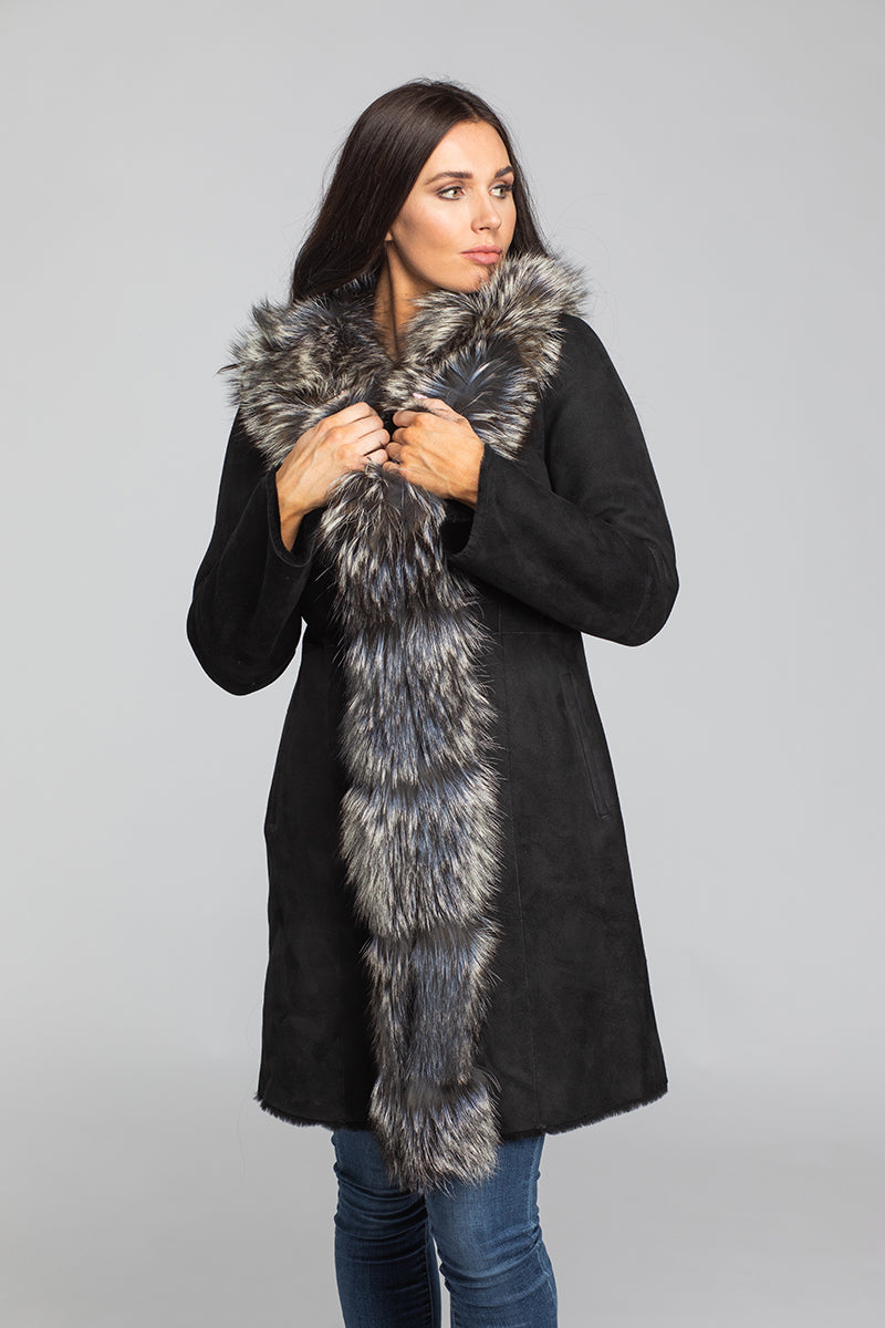 Women's Merino Suede Shearling W/Silver fox Trim 35" Ivory
