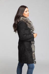 Women's Merino Suede Shearling W/Silver fox Trim 35" Ivory