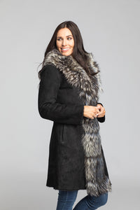 Women's Merino Suede Shearling W/Silver fox Trim 35" Ivory